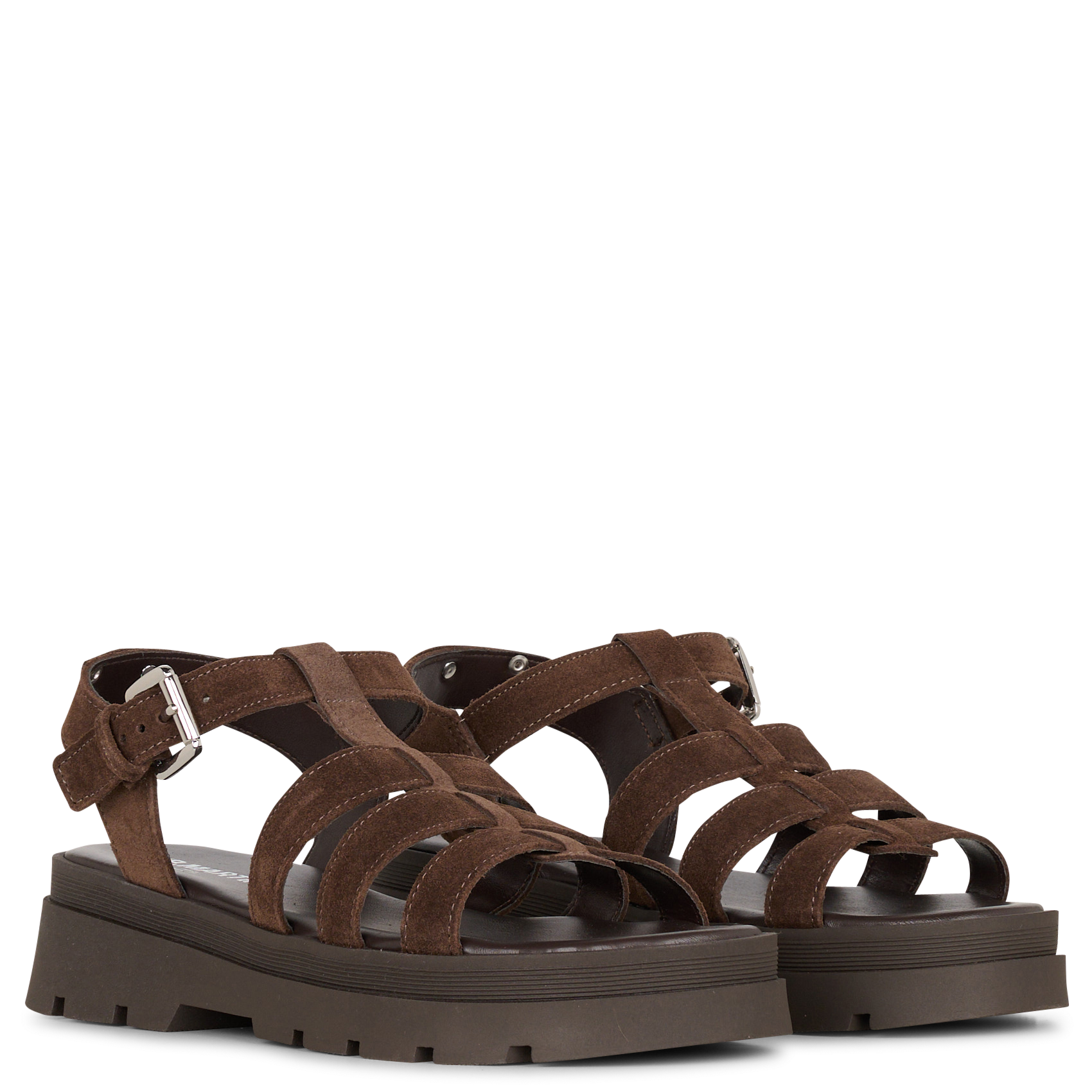 Platte, suède sandalen Bruin