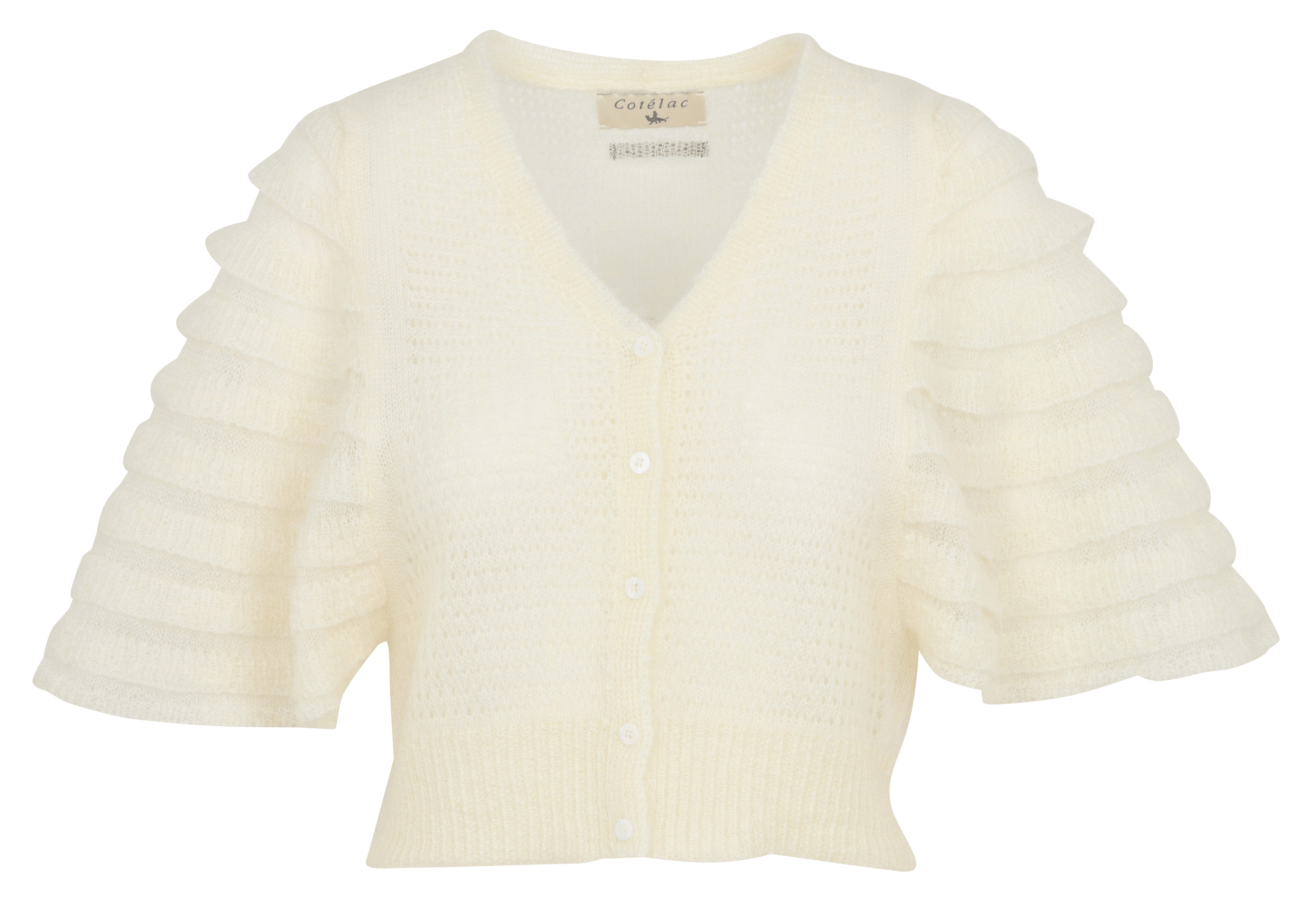 Straight V-neck cardigan with ruffled detail in blended mohair COTELAC White