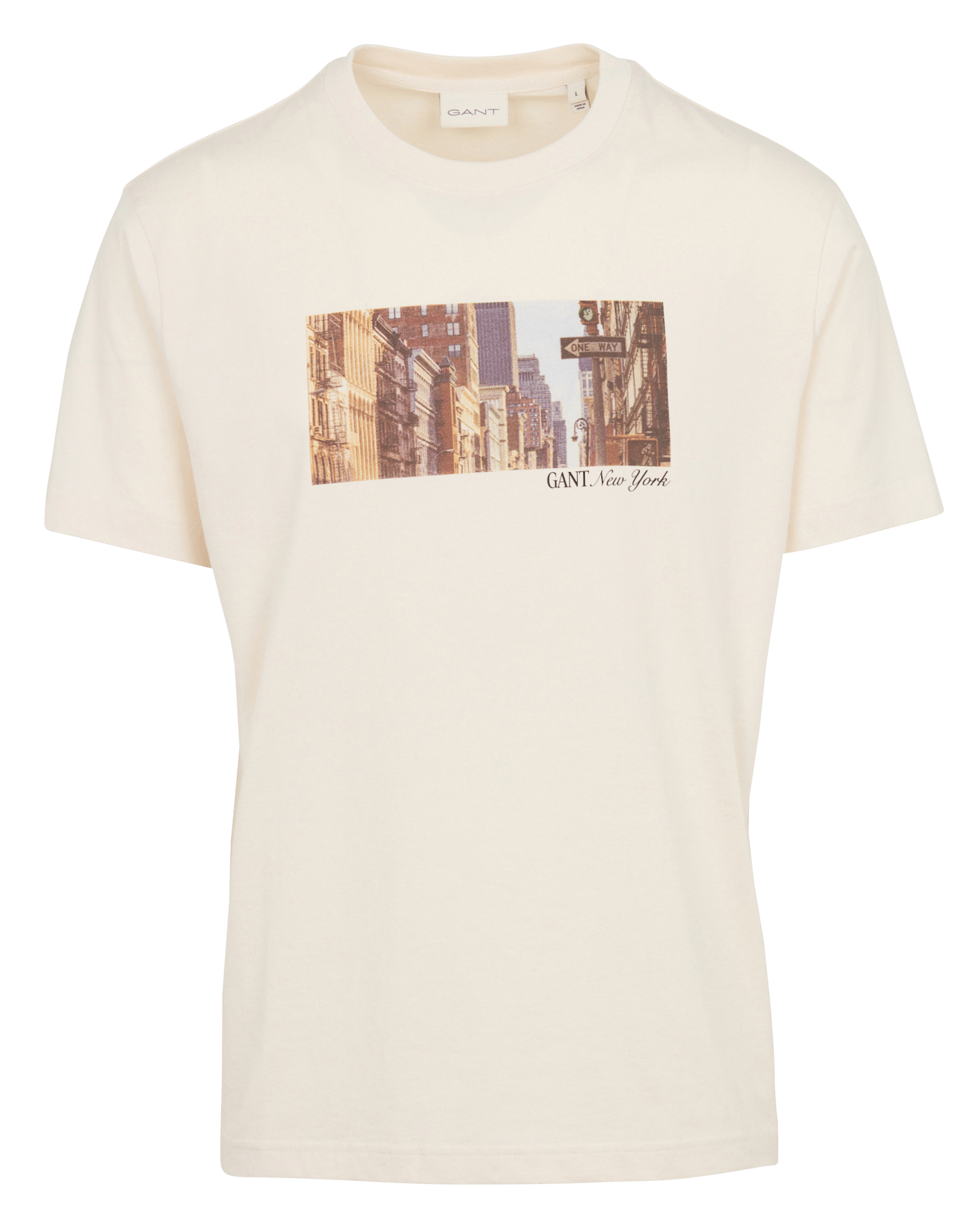 Straight round-neck T-shirt in printed blended cotton. GANT Beige