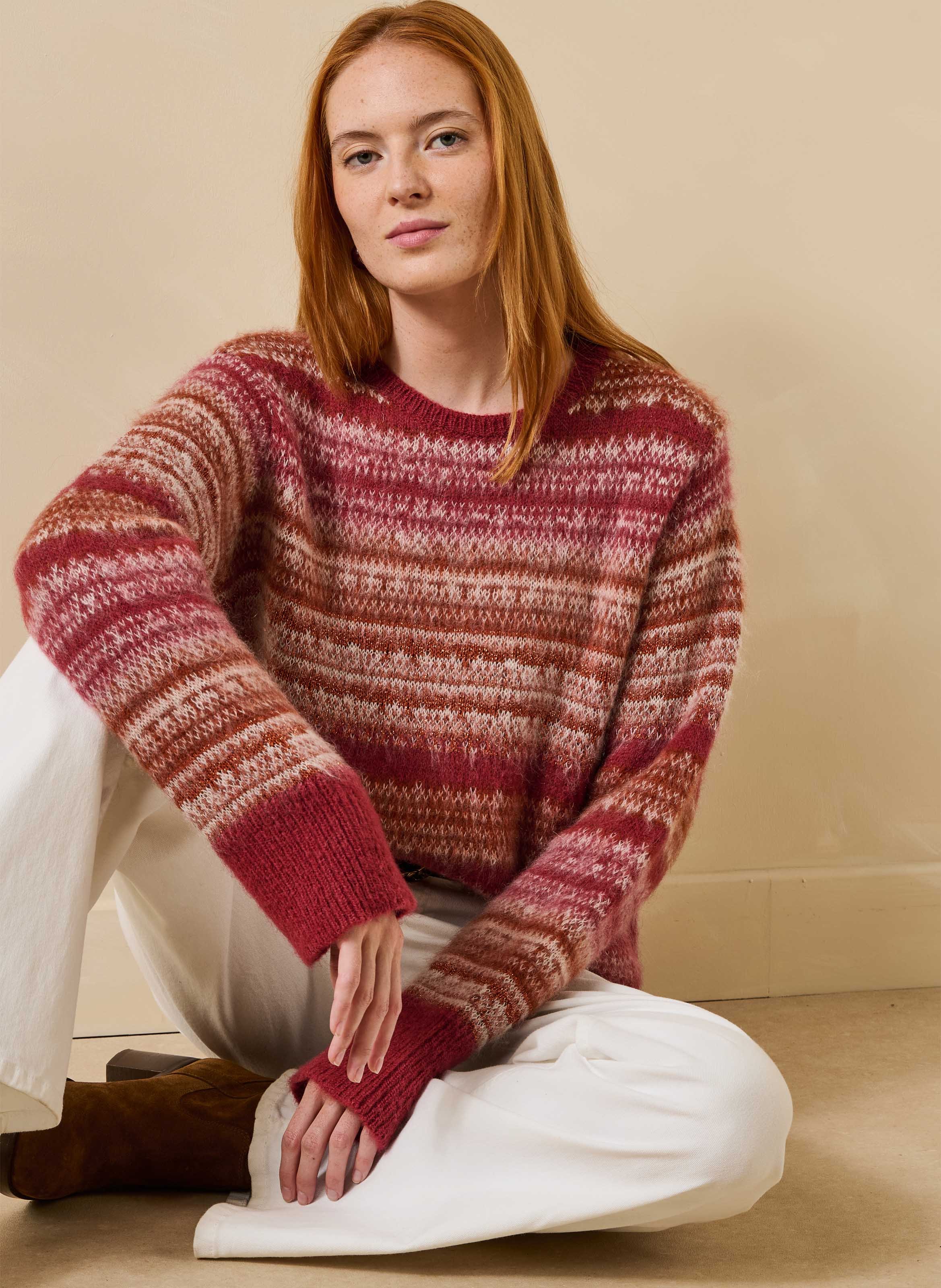 Ample round neck striped metallic knit sweater LA FEE MARABOUTEE Orange