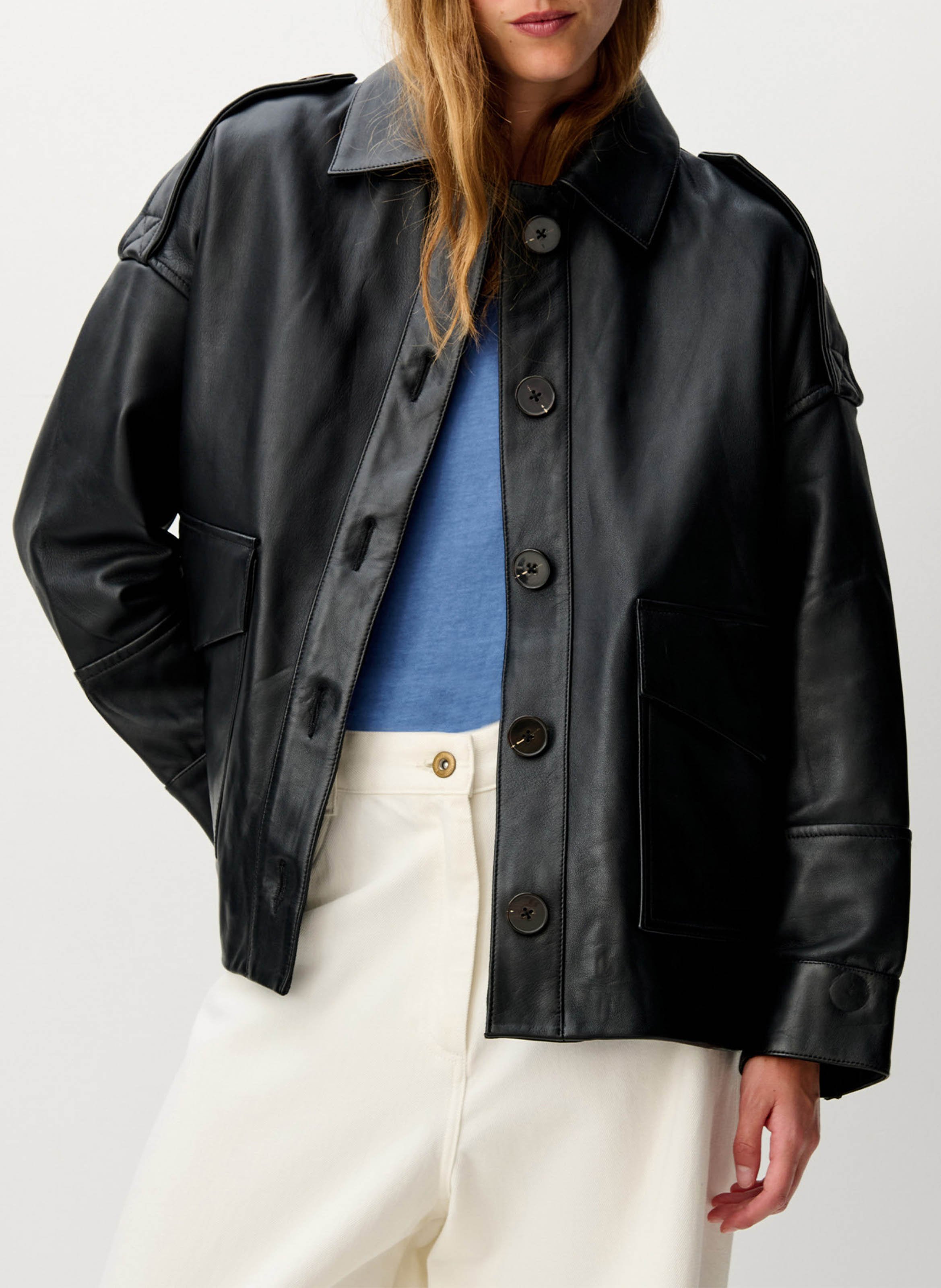 Oversized buttoned leather jacket SESSUN Black