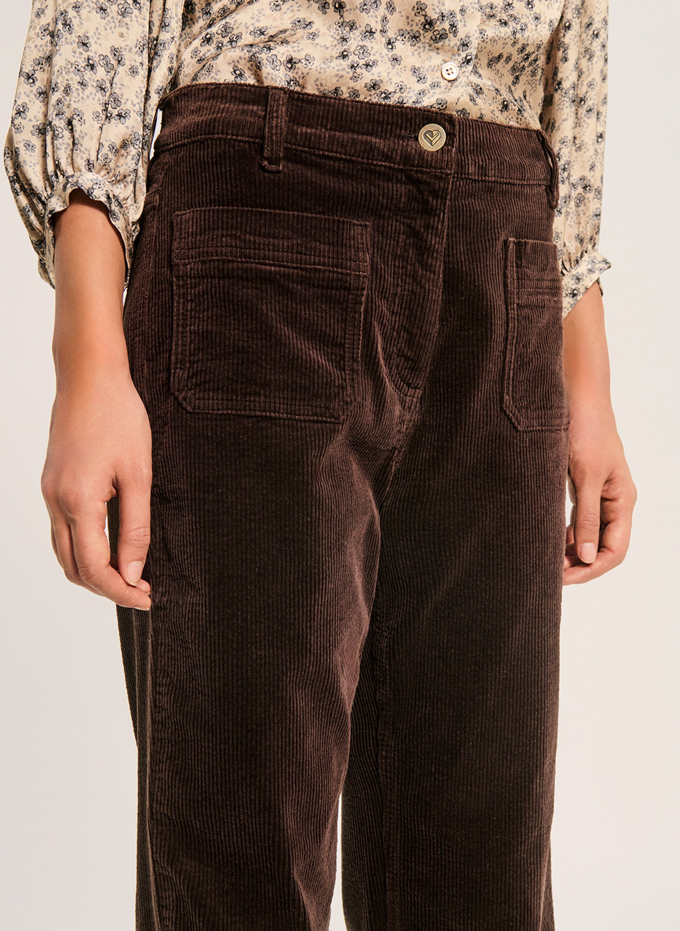 Pantalon droit en velours en coton mélangé PABLO Marron