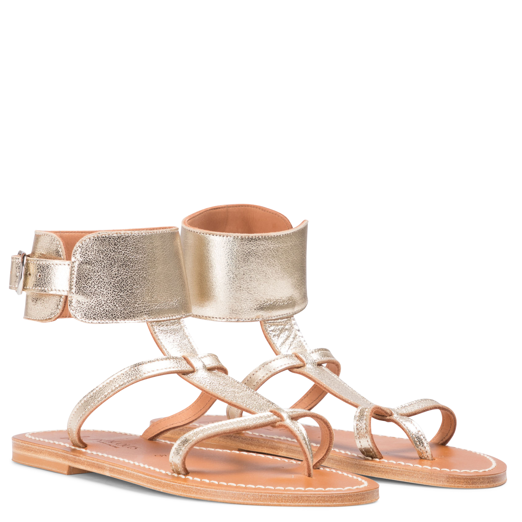 Flat leather sandals with ankle bracelet K JACQUES Golden