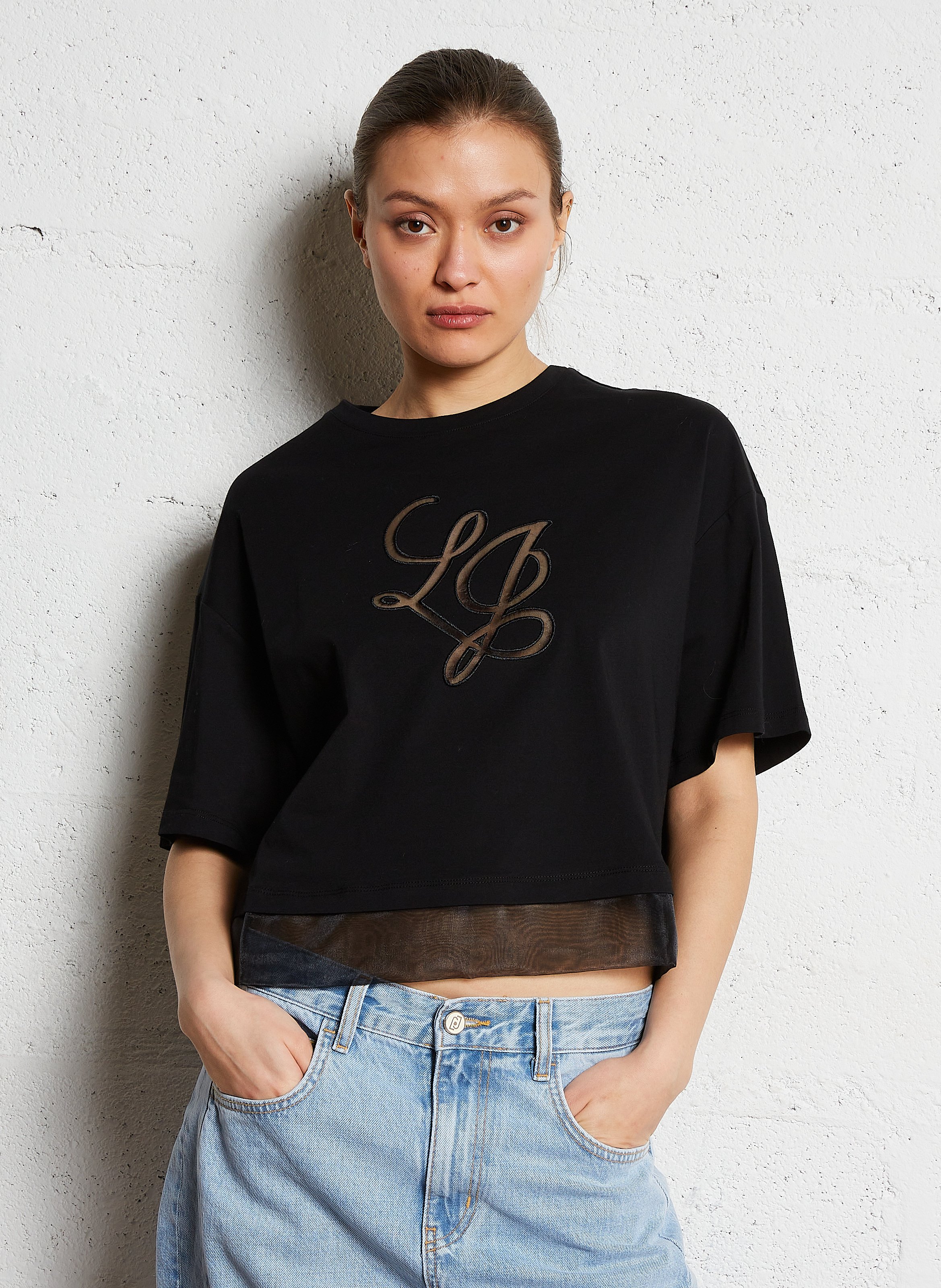 Oversized round-neck cotton t-shirt Nero lj organdie Liu Jo
