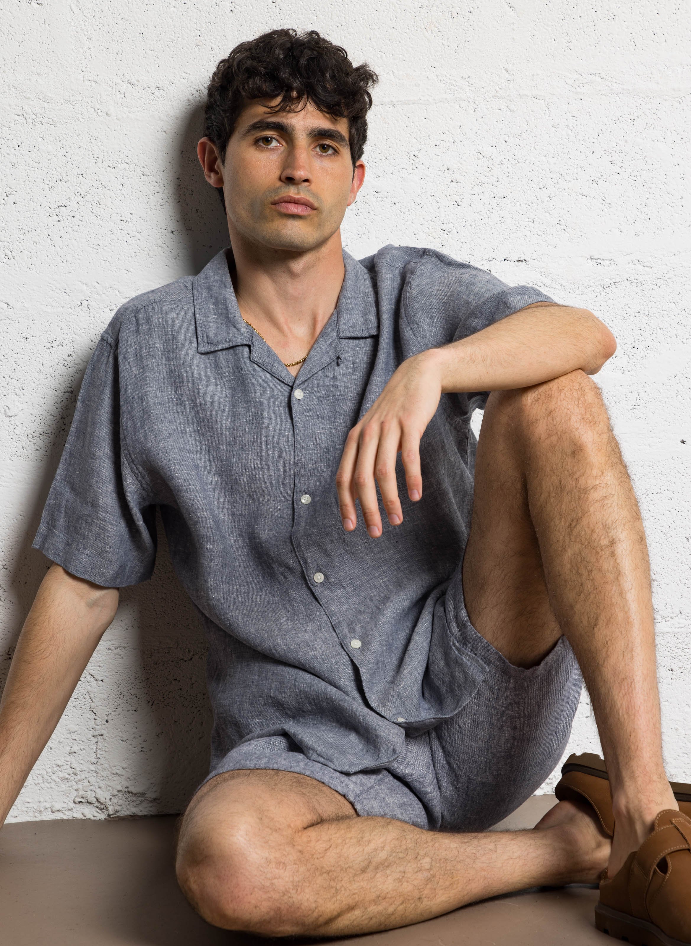 Chemise droite col classique en lin bio KNOWLEDGE COTTON APPAREL Bleu