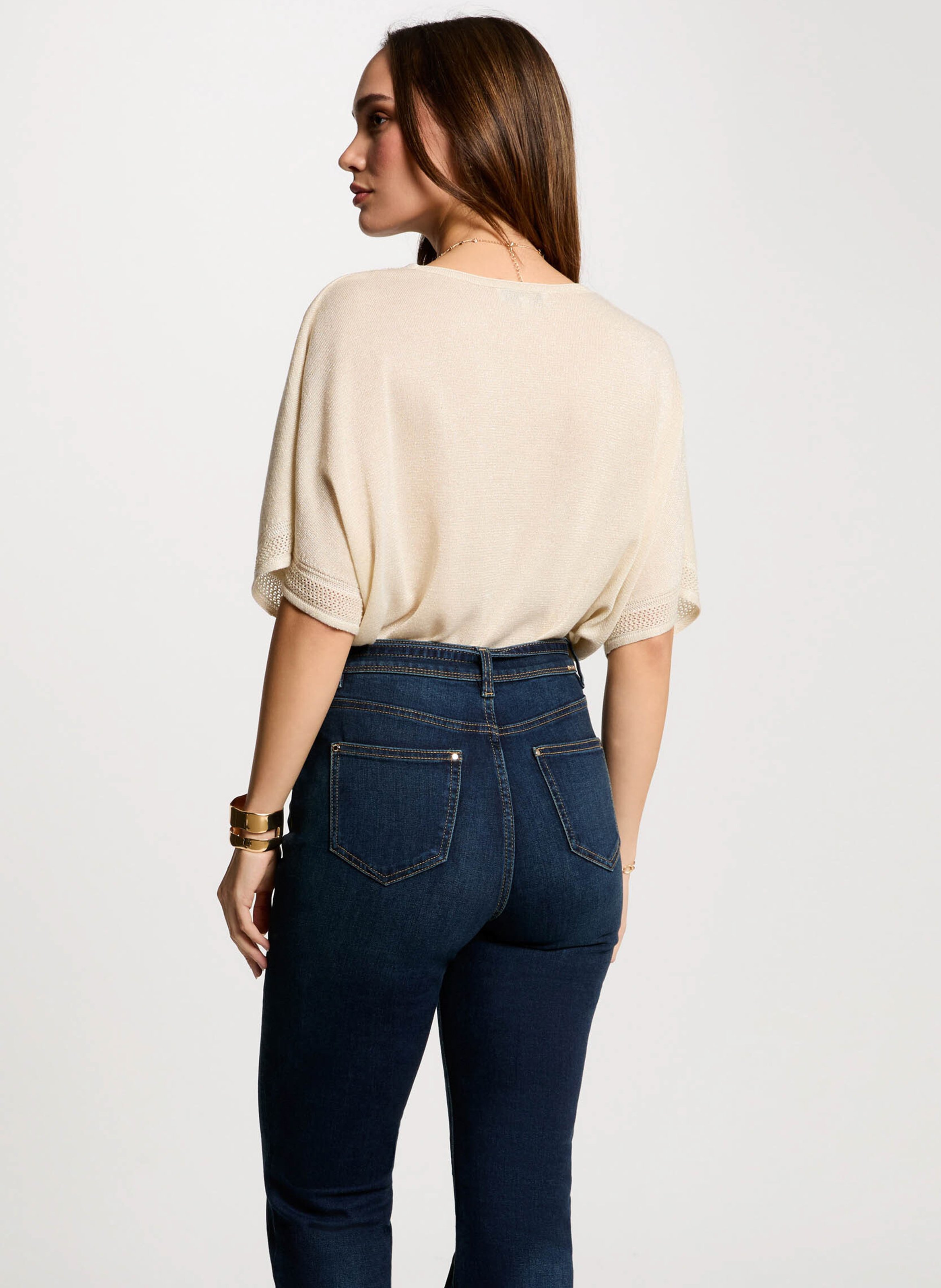 Pull droit col V à détail métallisé MORGAN Beige