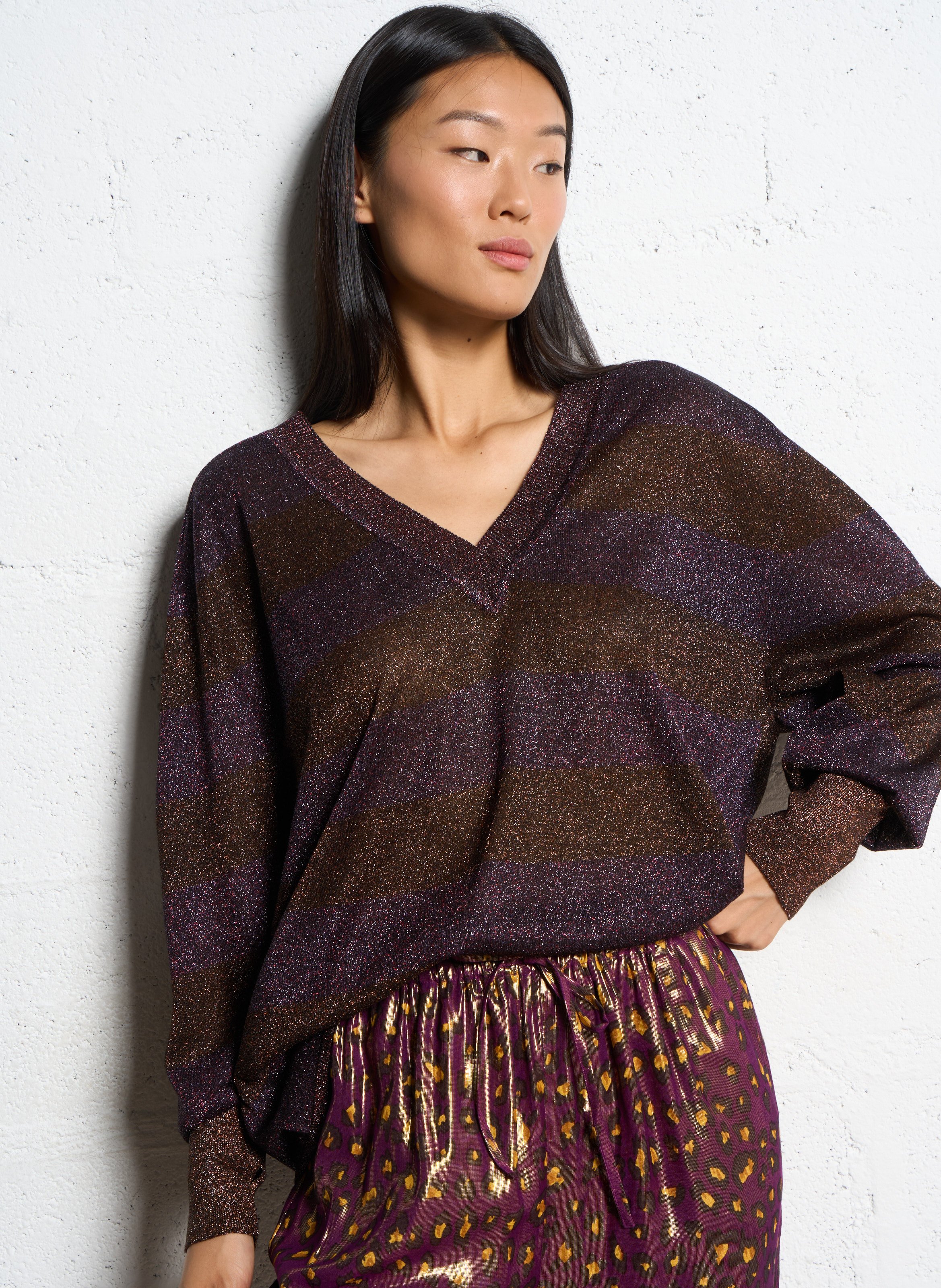 Pull col V à rayures pailleté MES DEMOISELLES Violet