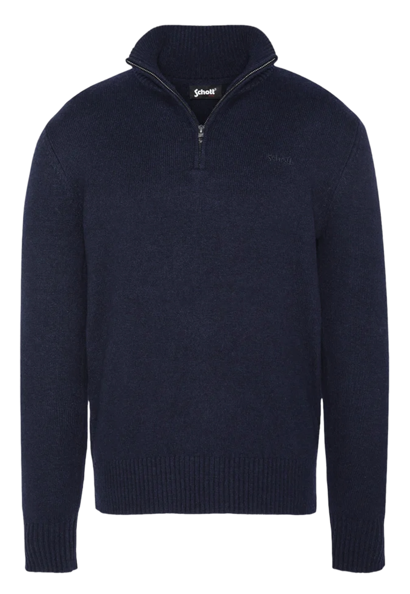 Pull droit col montant brodé en laine mélangée SCHOTT Bleu