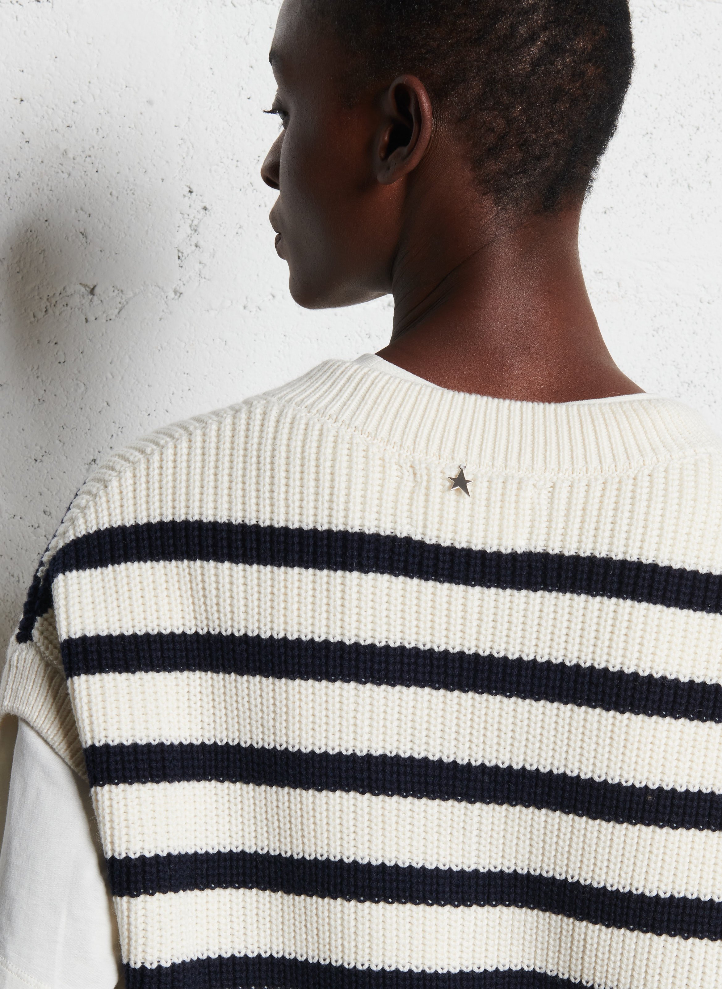 Pull sans manches col V rayé en coton et laine SUD EXPRESS Blanc