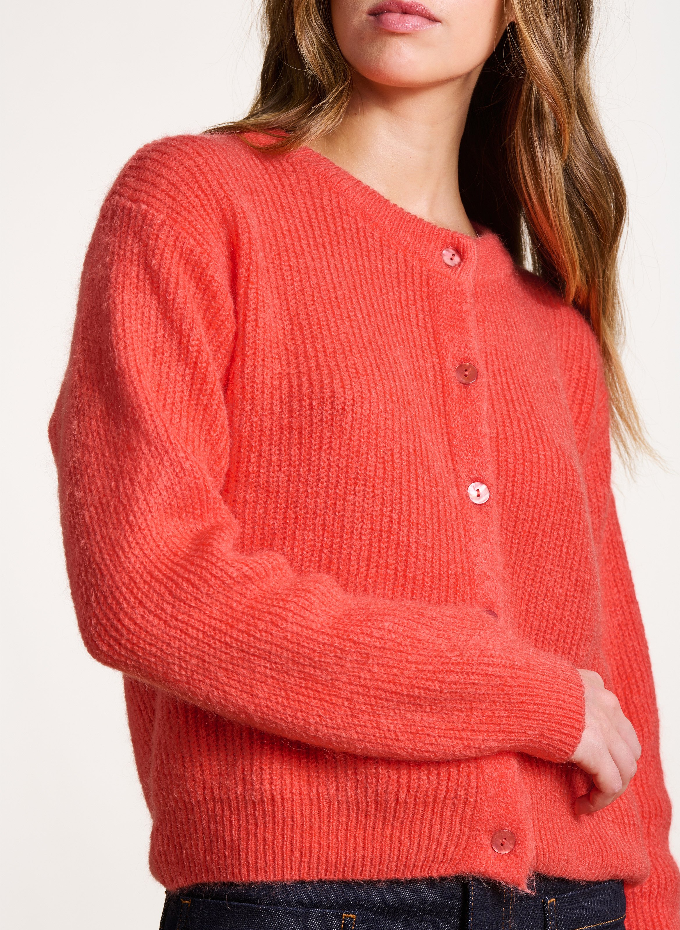 Loose-fit mixed-knit cardigan with round neck LA FEE MARABOUTEE Orange