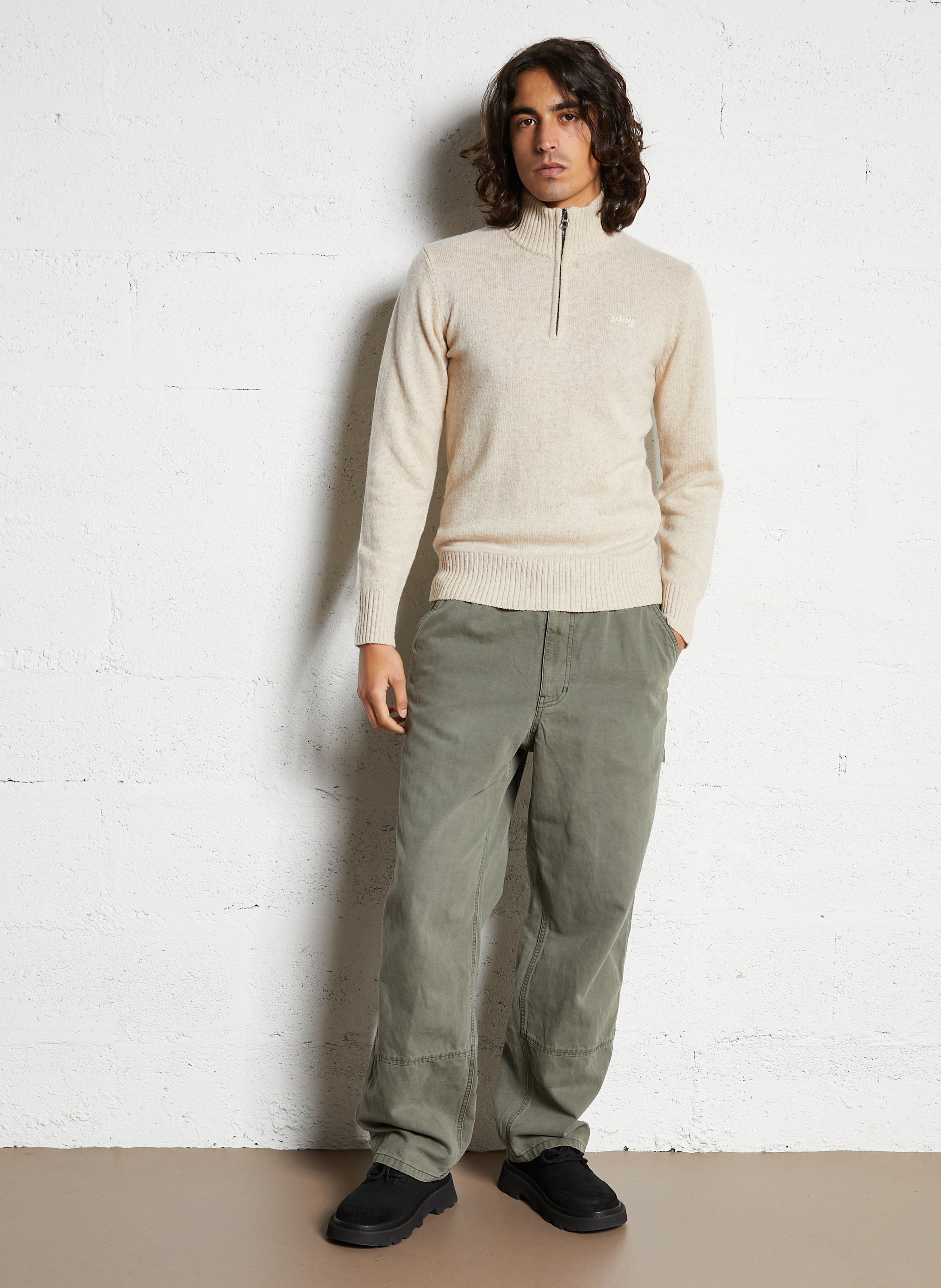 Pull droit col montant brodé en laine mélangée SCHOTT Blanc