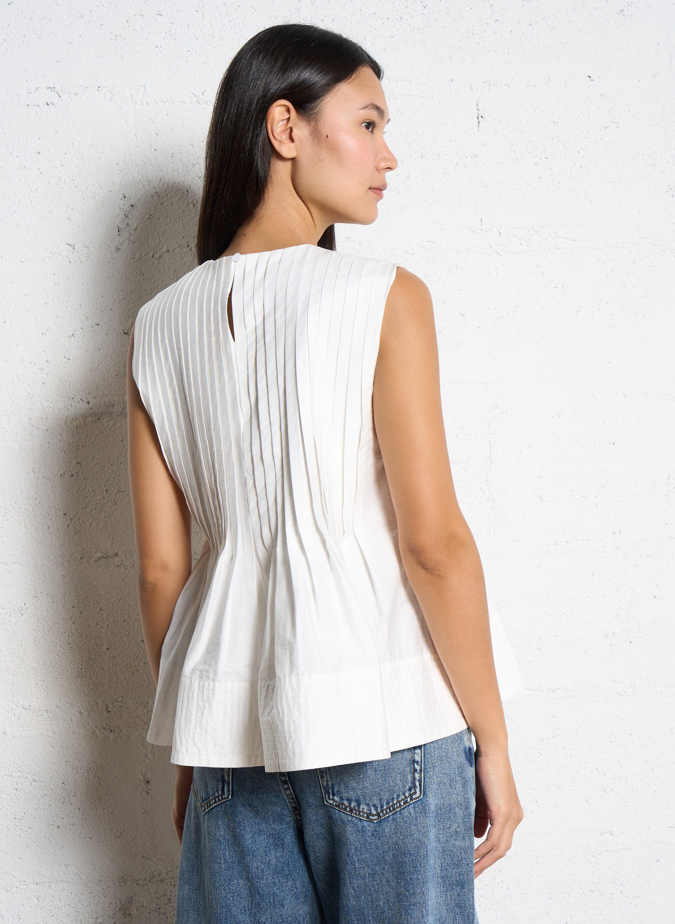 Top droit col rond en coton mélangé plissé SUNCOO Blanc