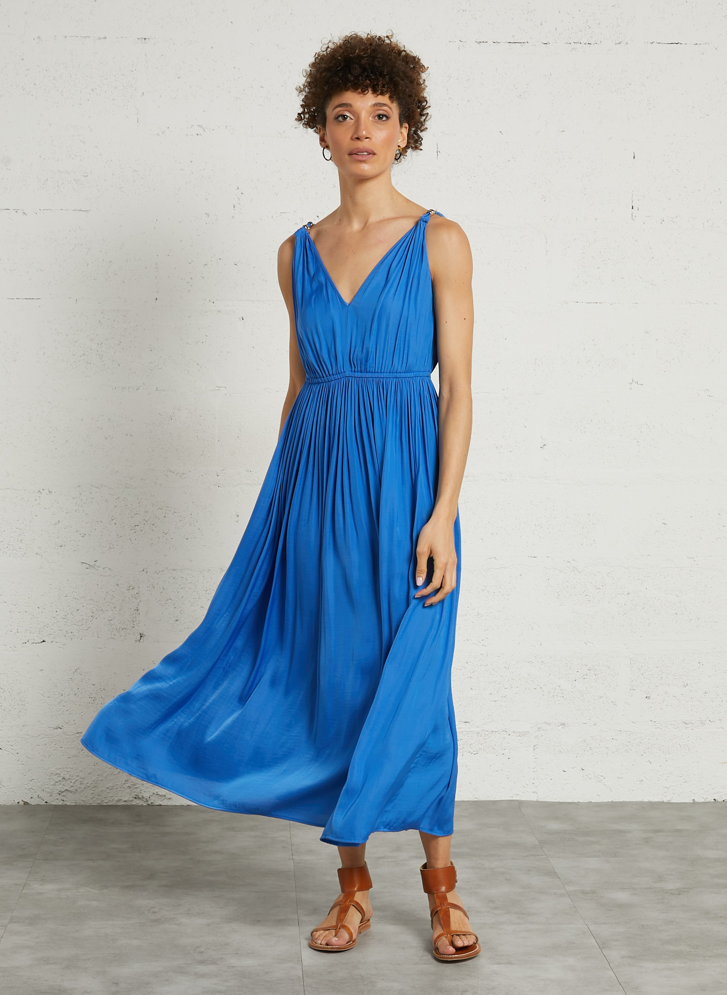 Langes Plisseekleid mit V-Ausschnitt MAISON 123 Pflaume