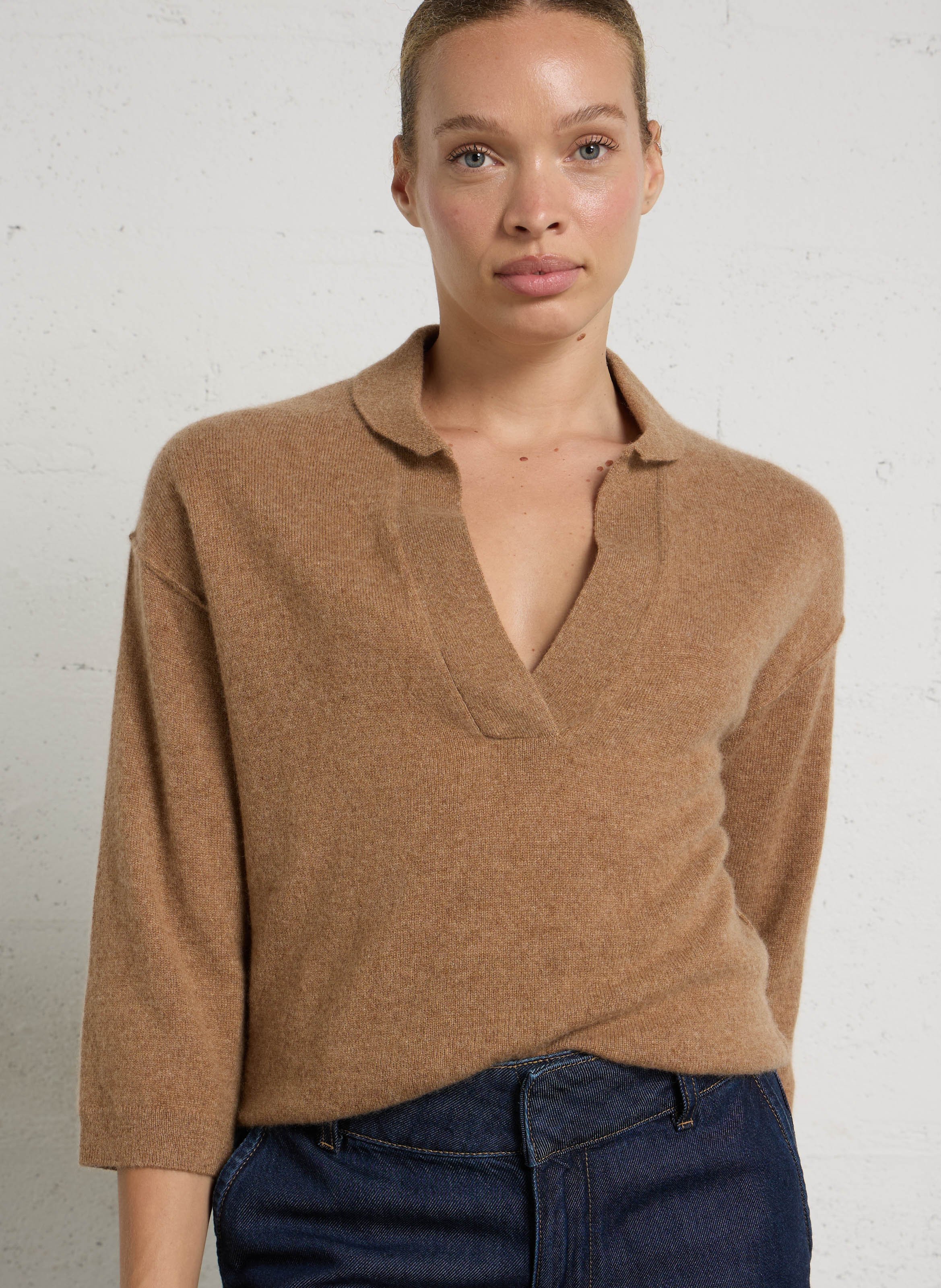 Pull oversize col V en cachemire MAISON 123 Beige
