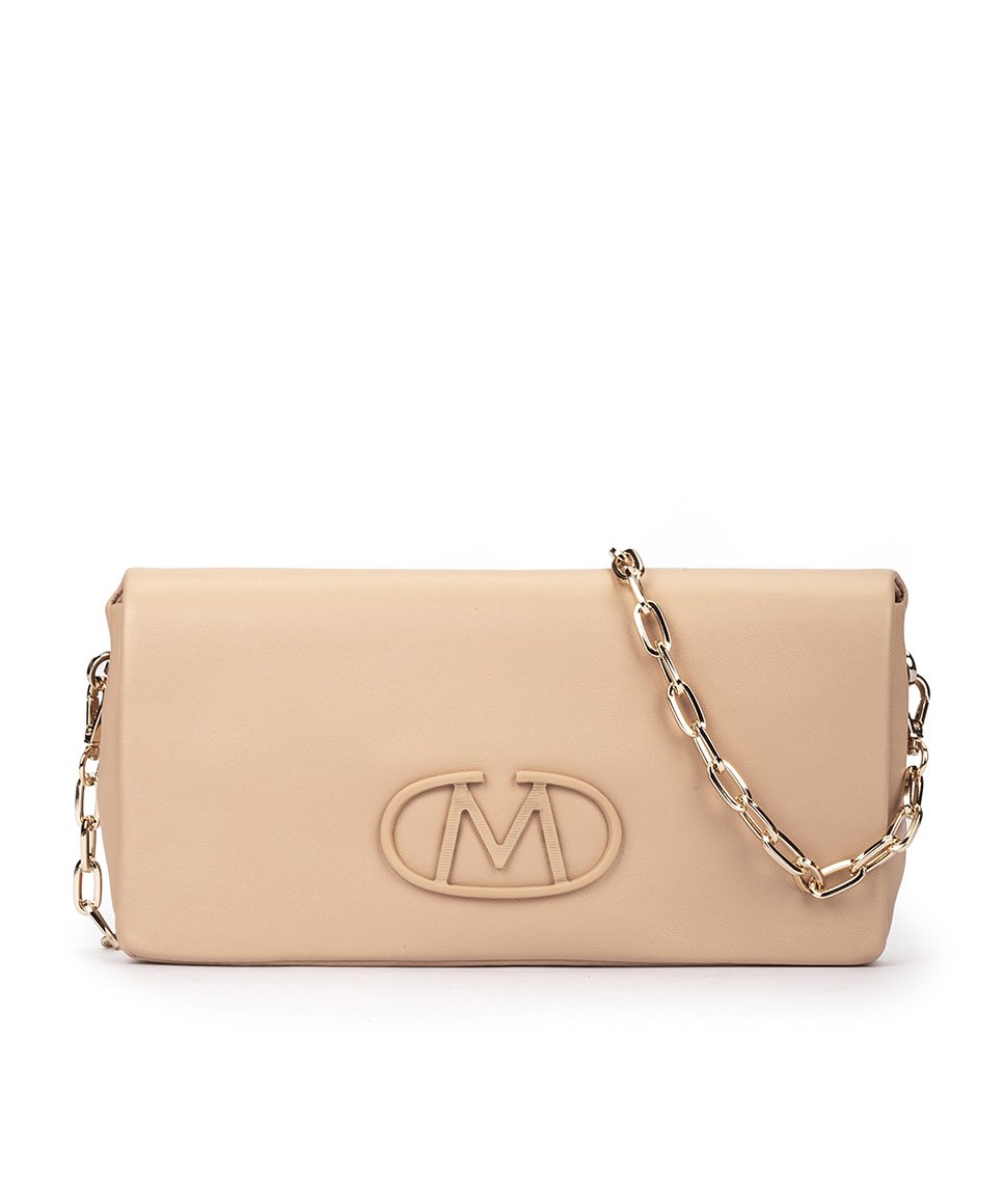 Beige leather evening clutch with chain. PEDRO MIRALLES Brown