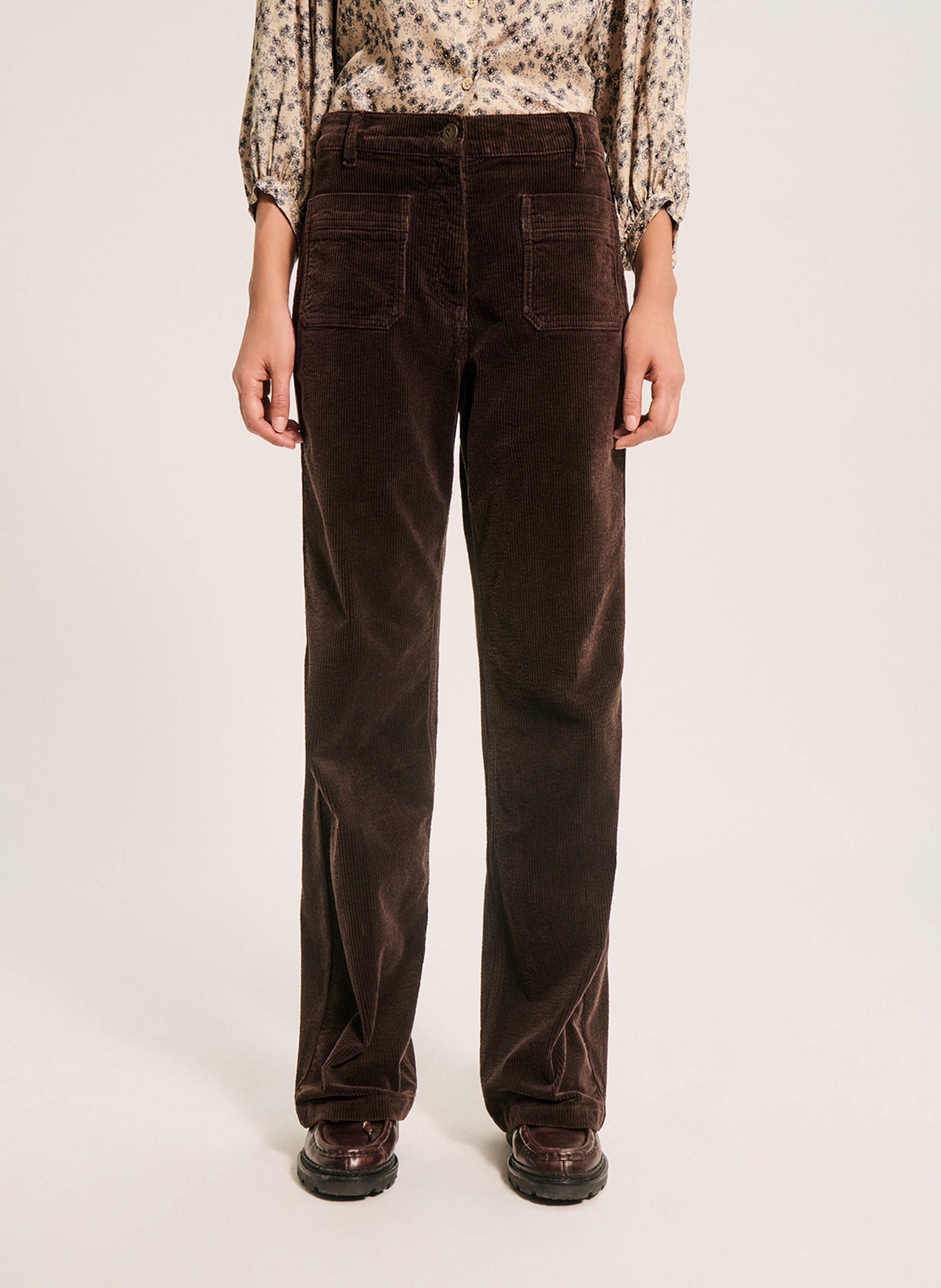 Pantalon droit en velours en coton mélangé PABLO Marron