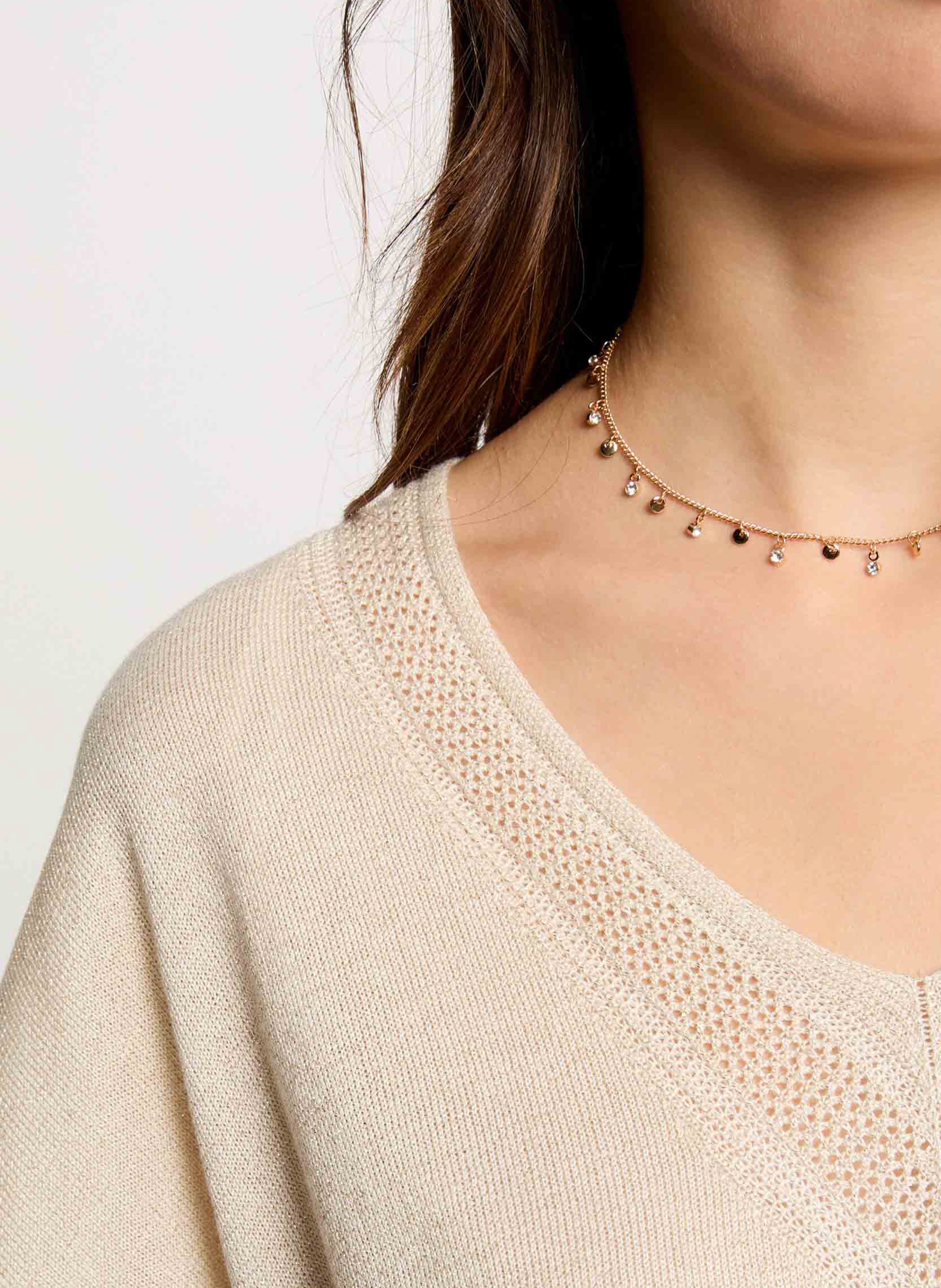 Pull droit col V à détail métallisé MORGAN Beige