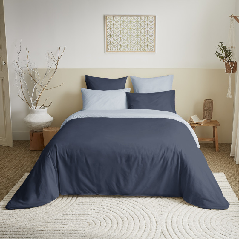 Complete set 6 pieces navy/blue sky reversible duvet cover for bed 160 x 200 cm COTON PUR Blue