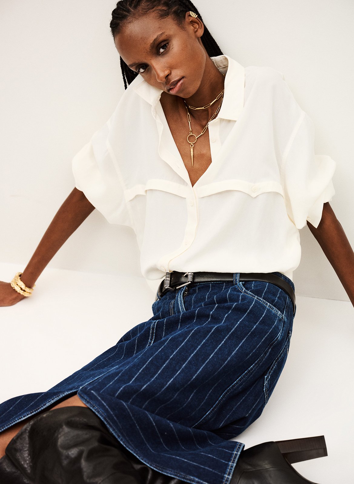 Jupe midi en coton rayé BA&SH Bleu