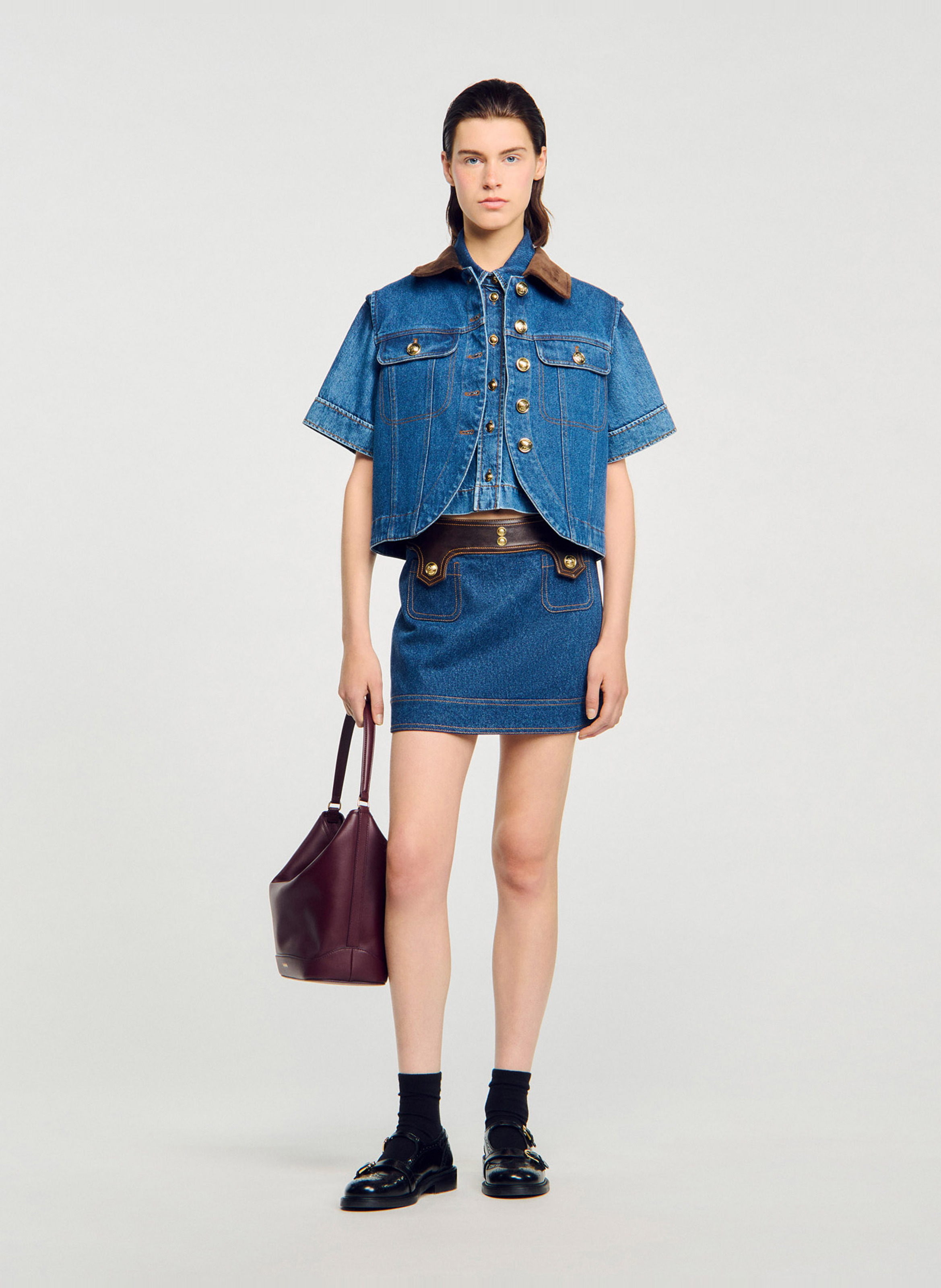 Jupe courte en denim de coton SANDRO Bleu