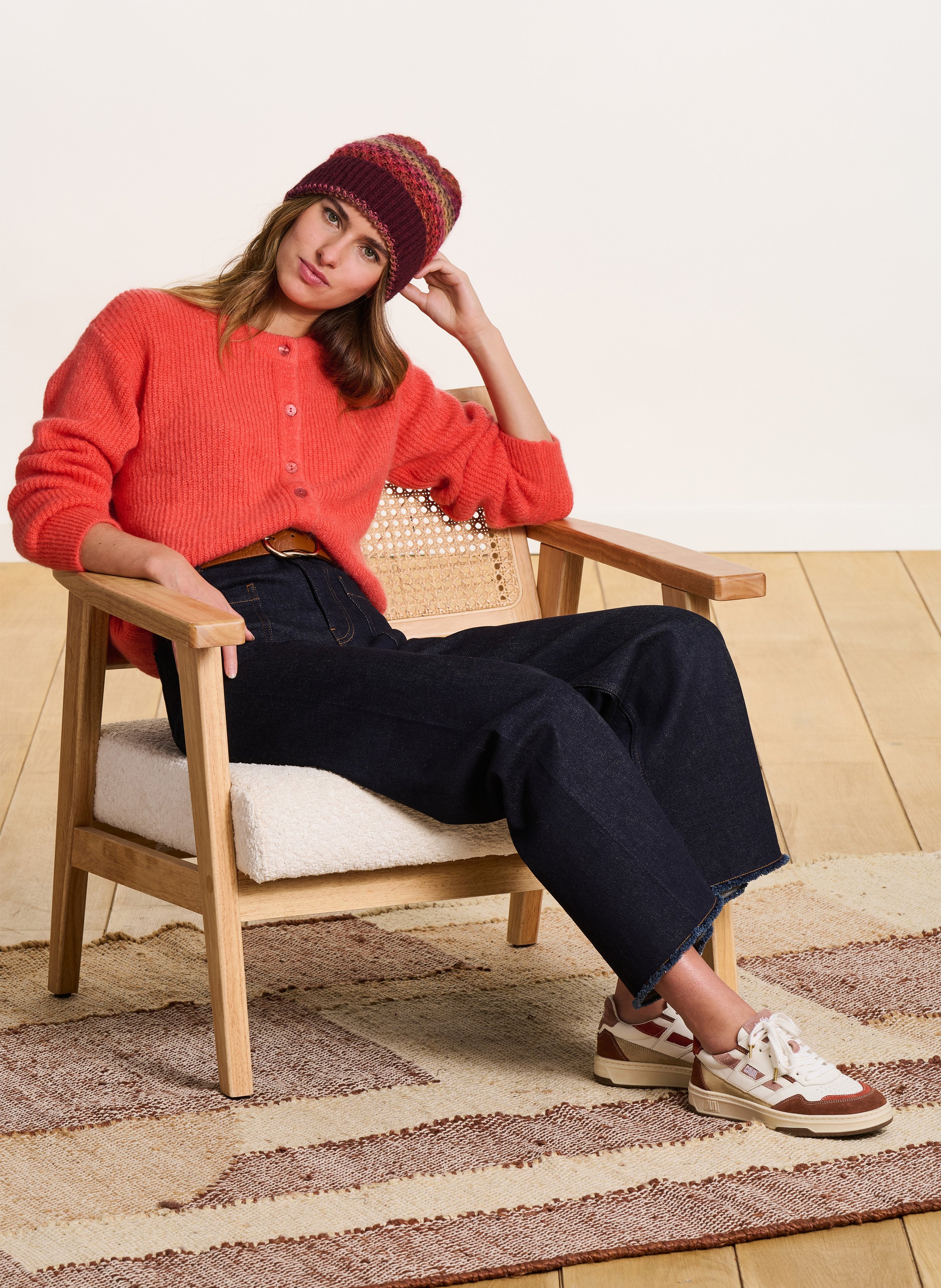 Loose-fit mixed-knit cardigan with round neck LA FEE MARABOUTEE Orange