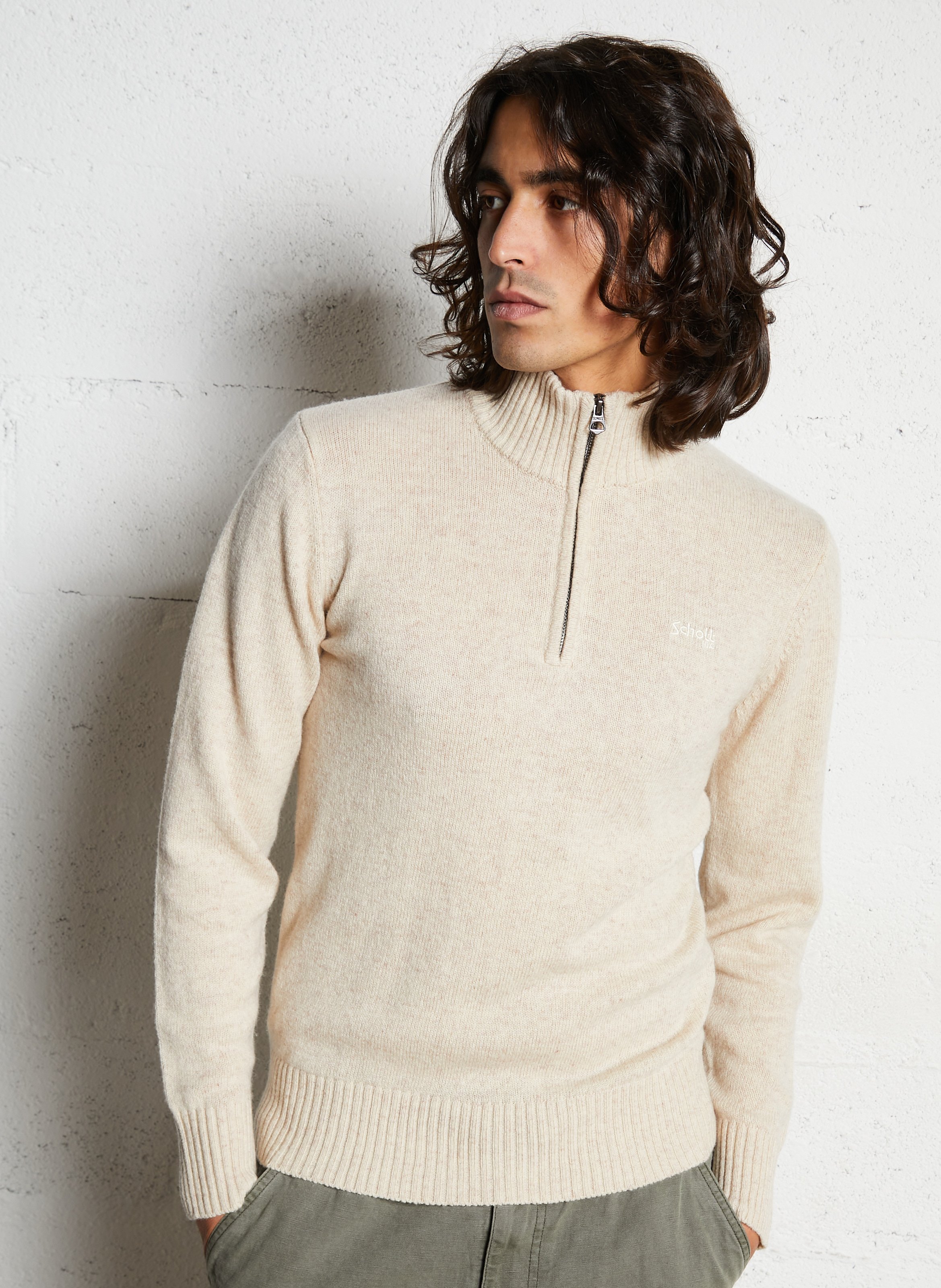 Pull droit col montant brodé en laine mélangée SCHOTT