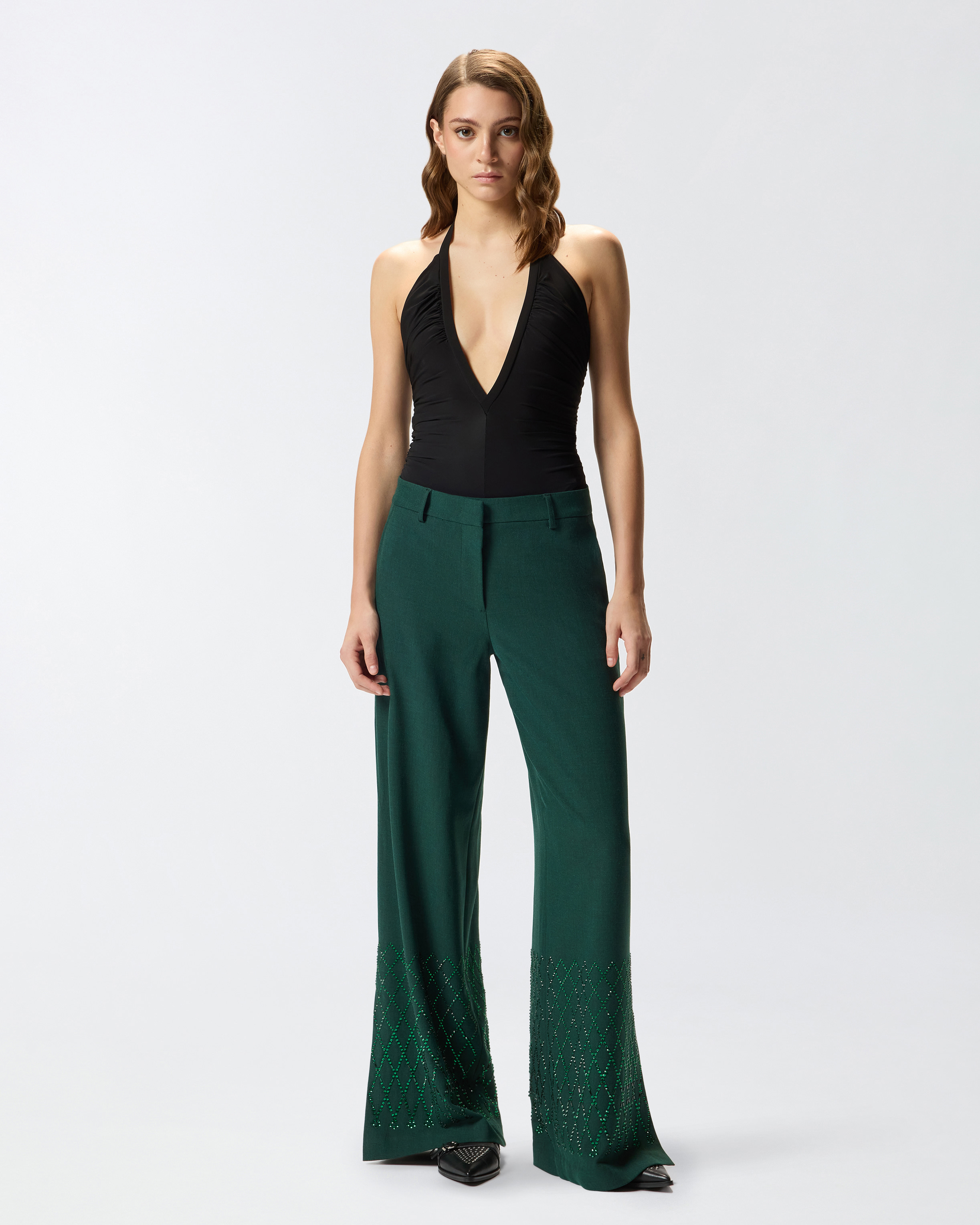 Wide-leg pants with rhinestones PINKO Green