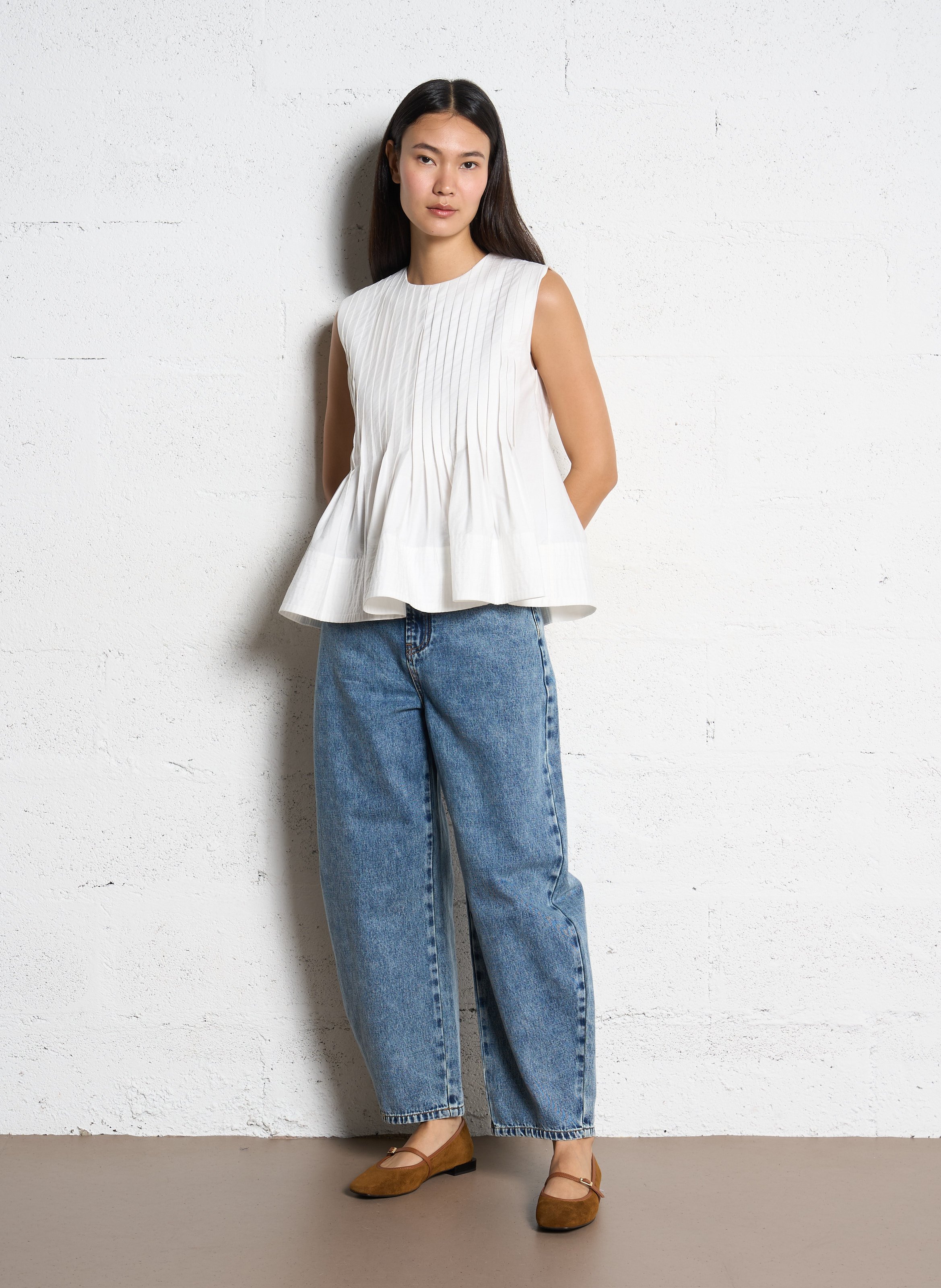 Top droit col rond en coton mélangé plissé SUNCOO Blanc