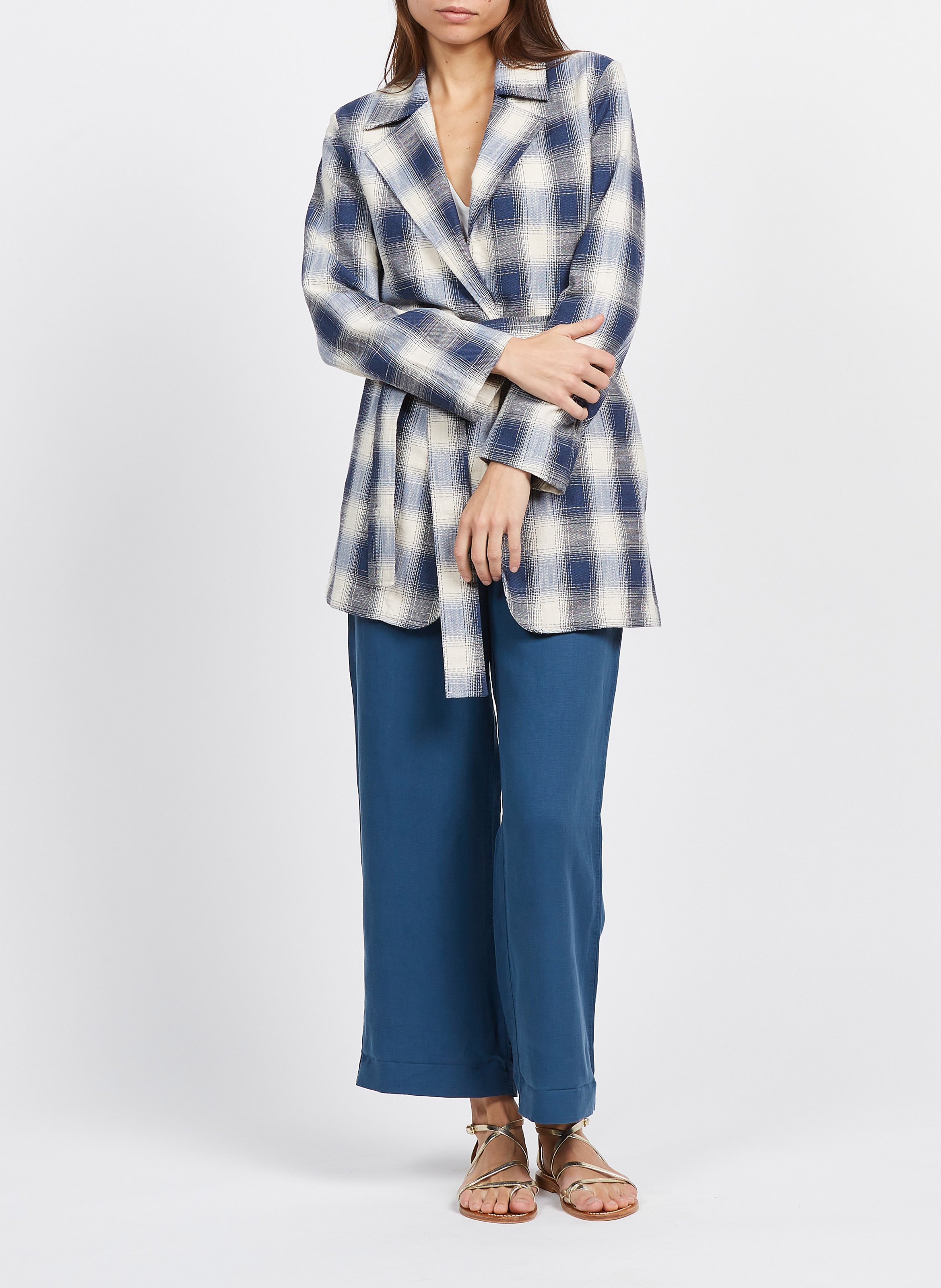 Veste tailleur longue à carreaux en coton mélangé  Bleu