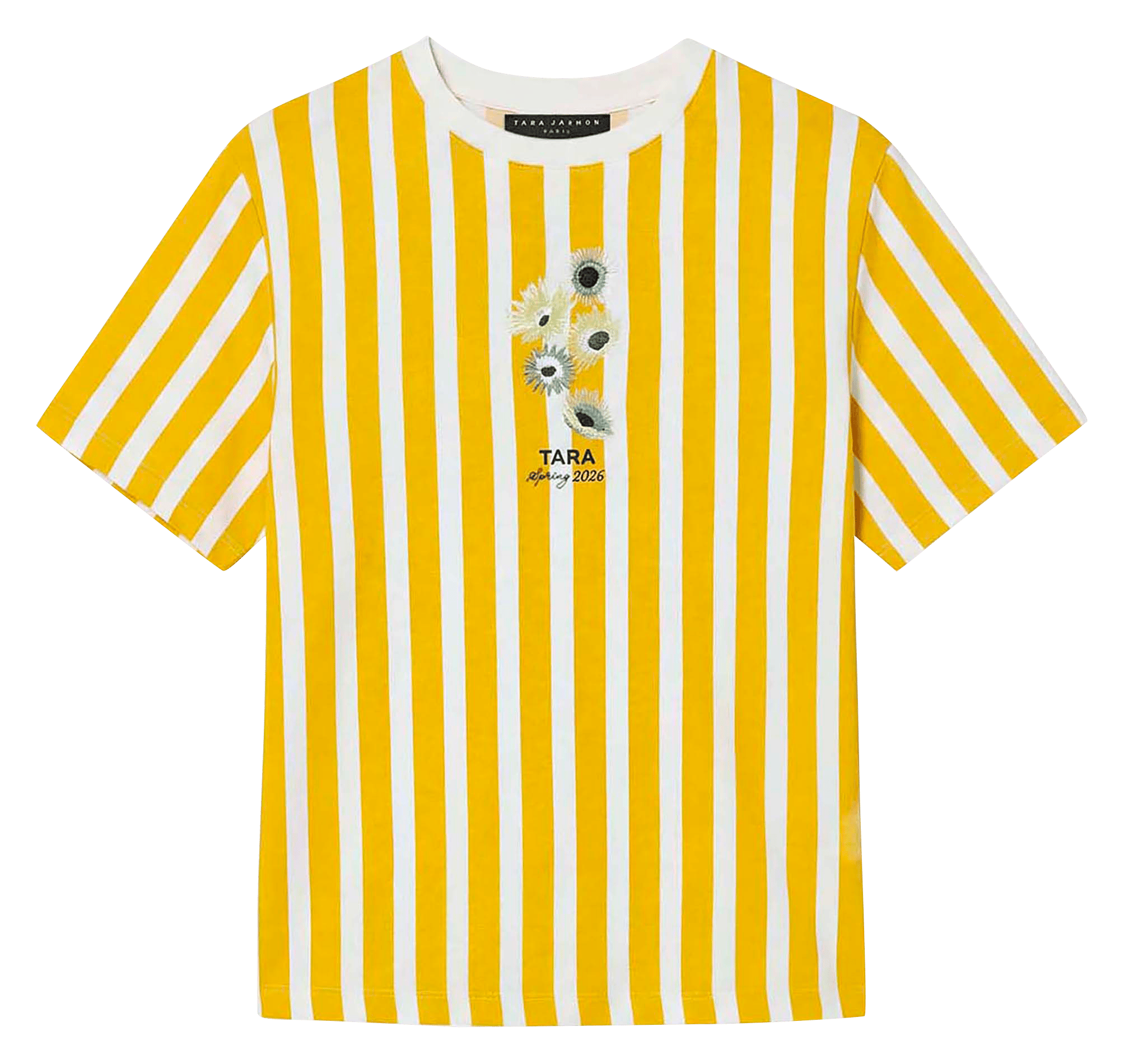 Gestreiftes T-Shirt mit Motiv vorne. TARA JARMON Gelb