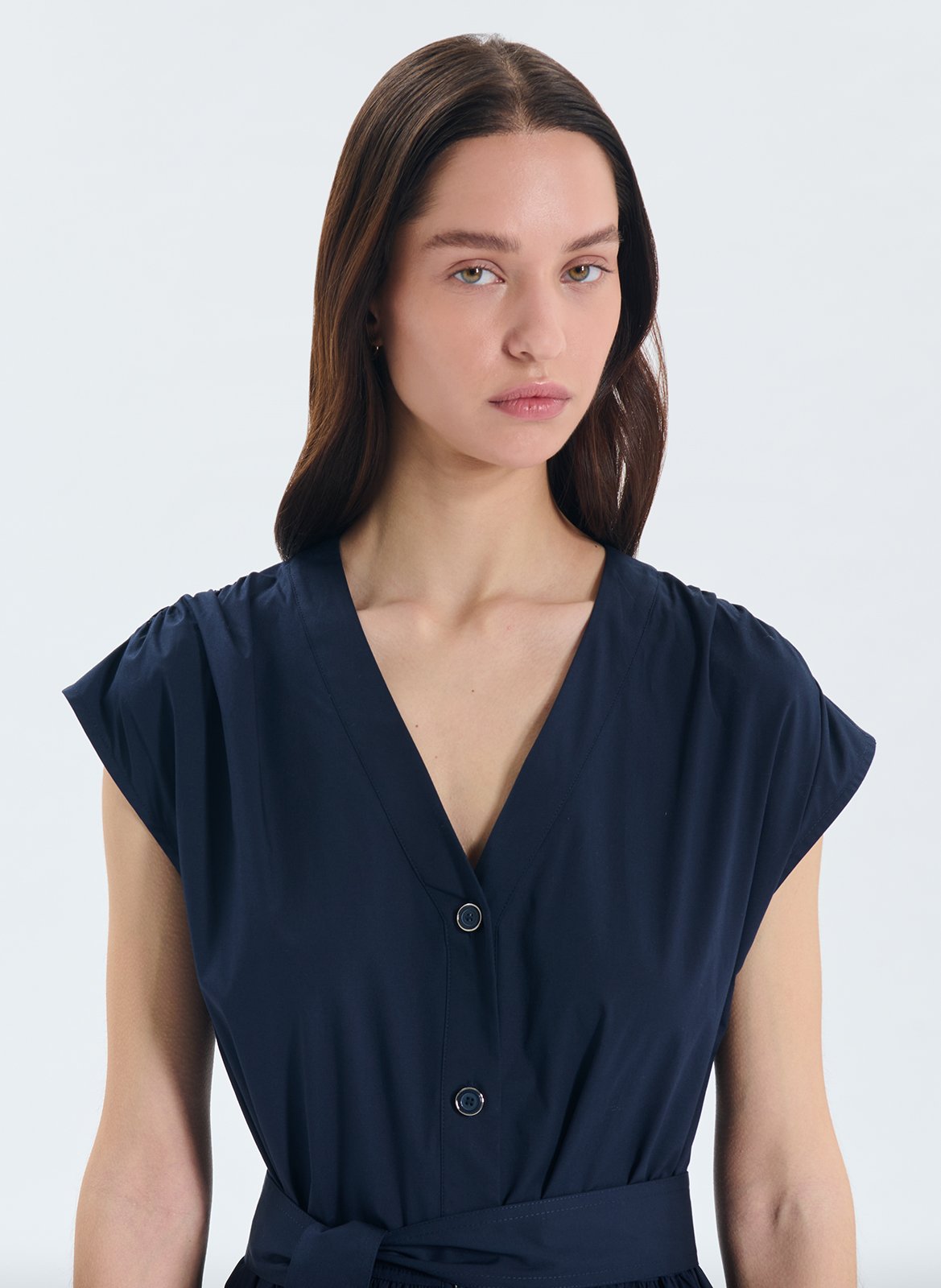 Long cotton-blend V-neck dress ZAPA Blue