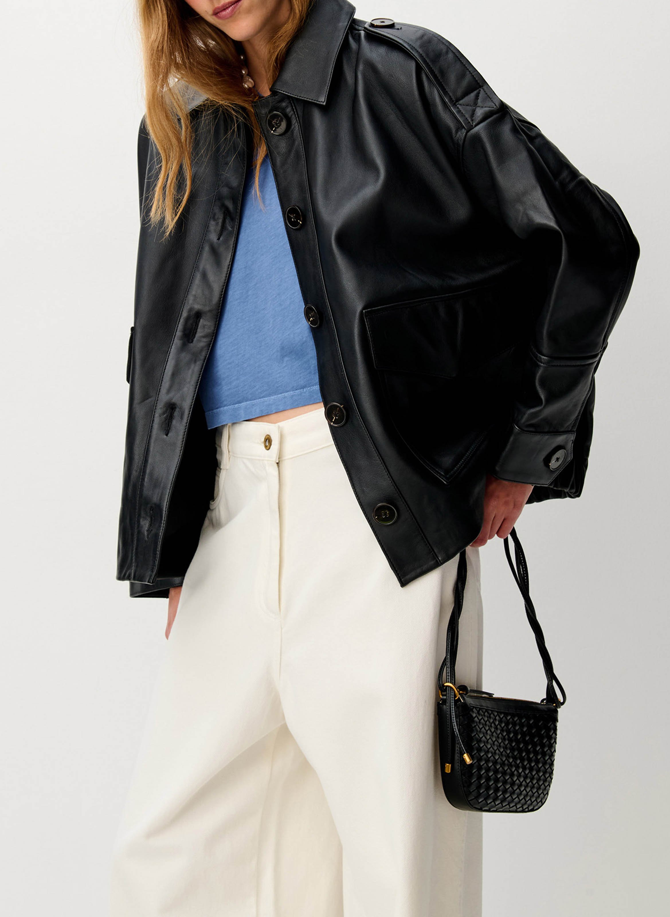 Oversized buttoned leather jacket SESSUN Black