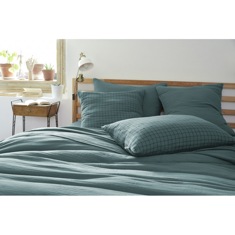 Cotton percale pillow case L'EFFET PAPILLON Blue