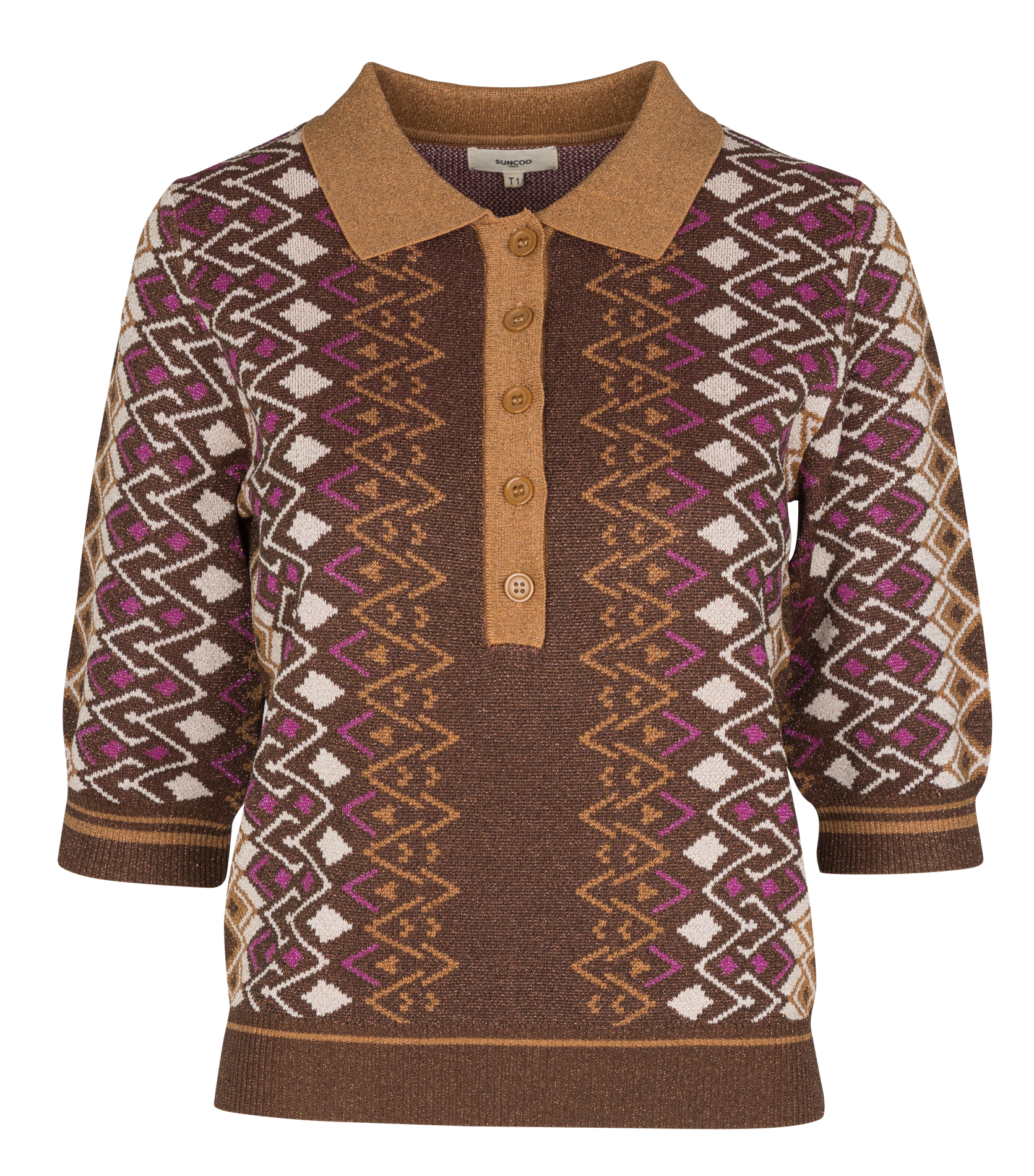 Pull col polo imprimé à paillettes SUNCOO Marron