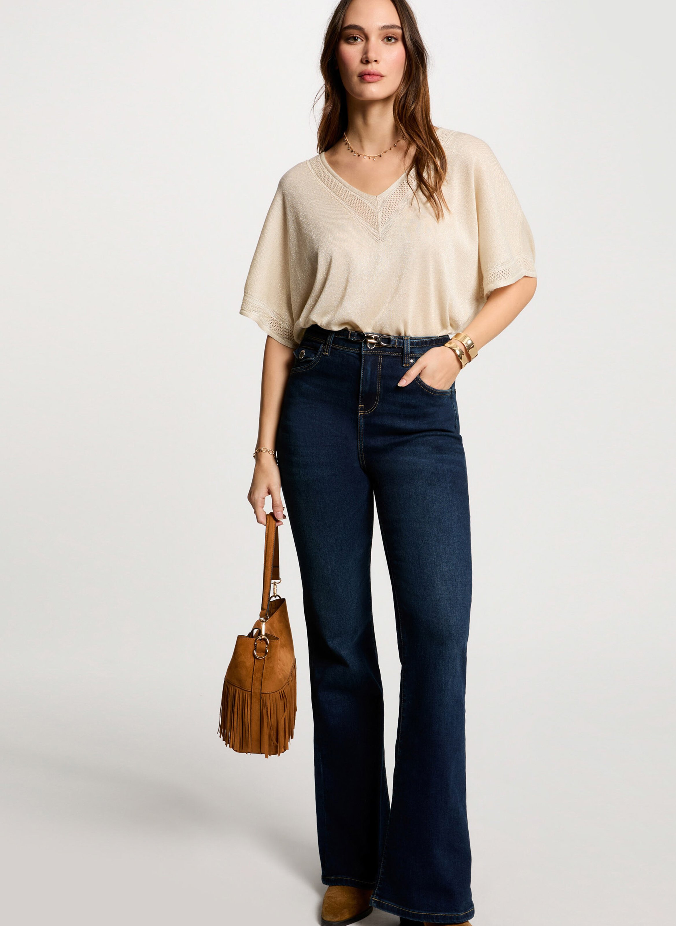 Pull droit col V à détail métallisé MORGAN Beige