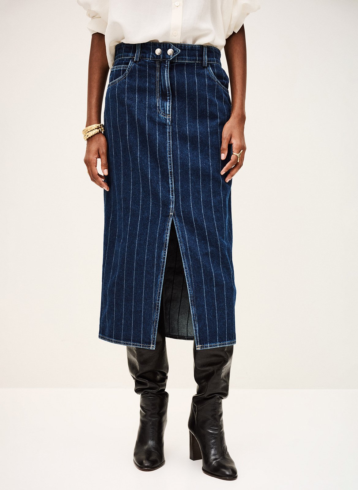 Jupe midi en coton rayé BA&SH Bleu