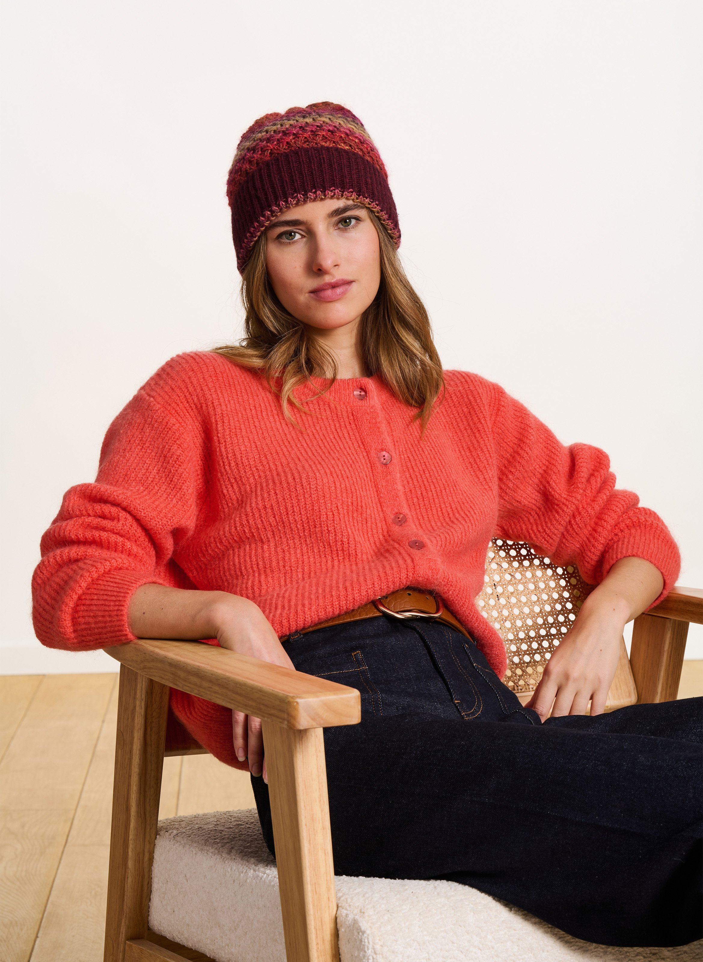 Loose-fit mixed-knit cardigan with round neck LA FEE MARABOUTEE Orange