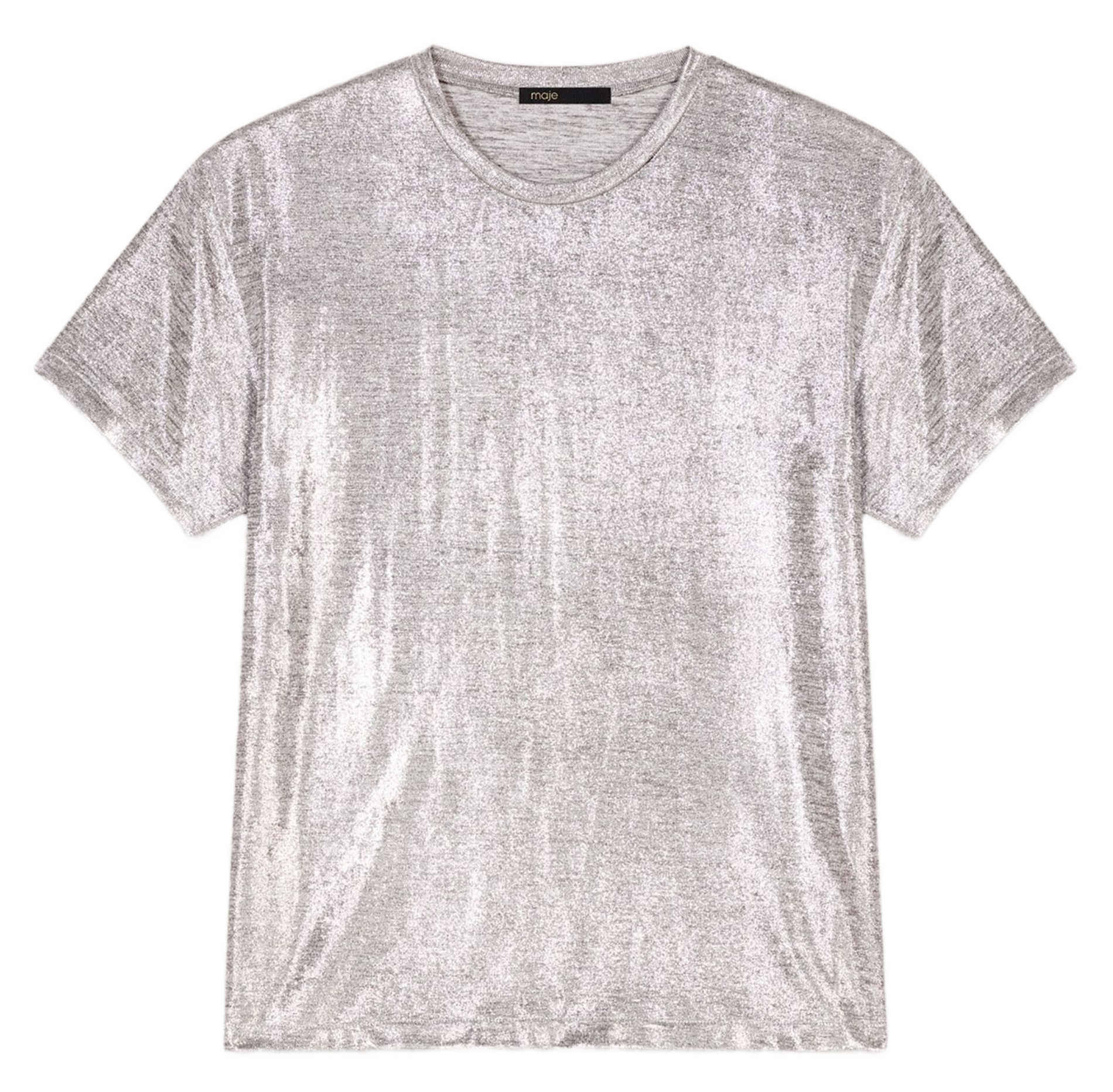 Gerade geschnittenes, lamiertes Rundhals-T-Shirt MAJE Silber