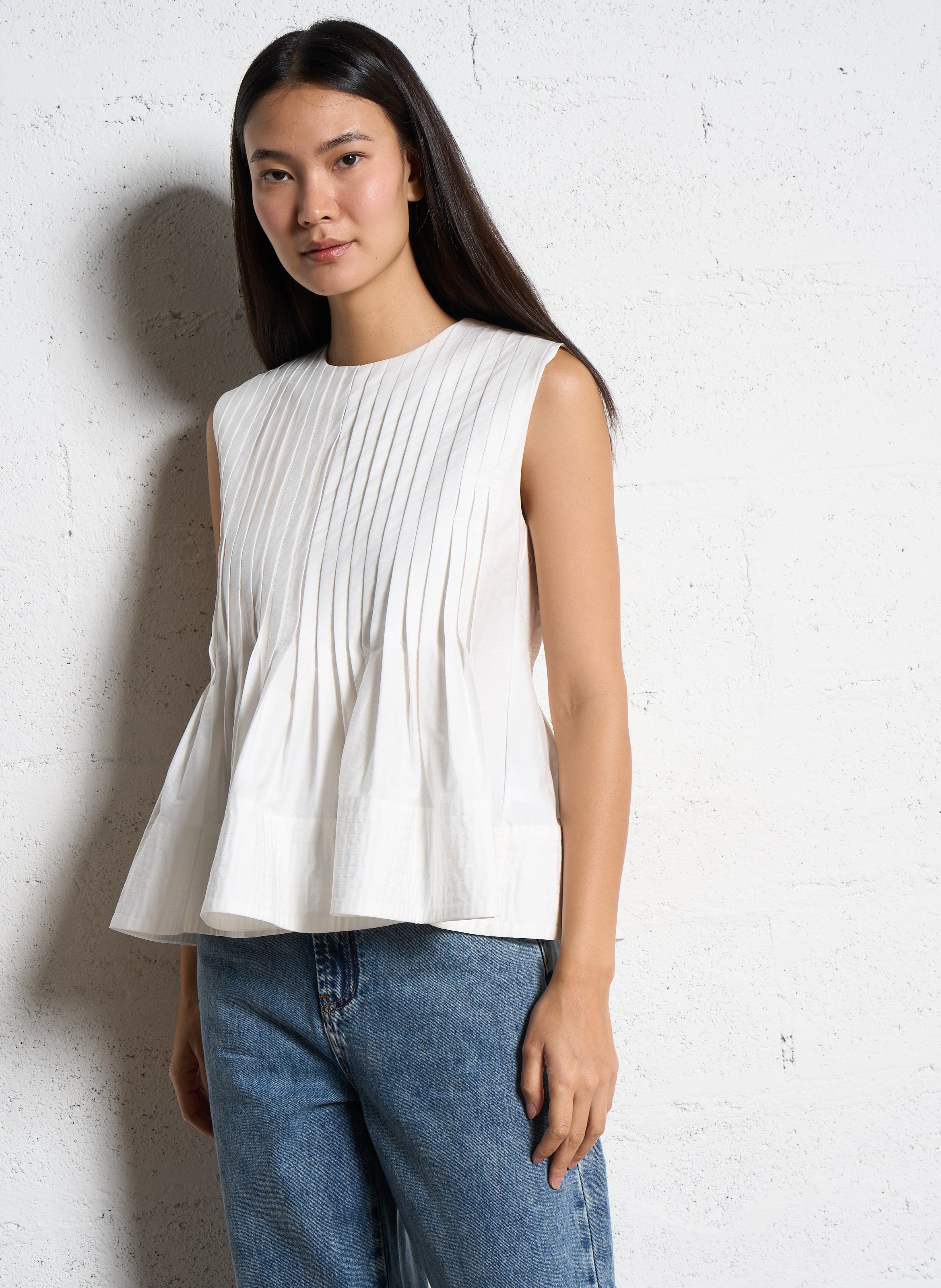 Top droit col rond en coton mélangé plissé SUNCOO Blanc