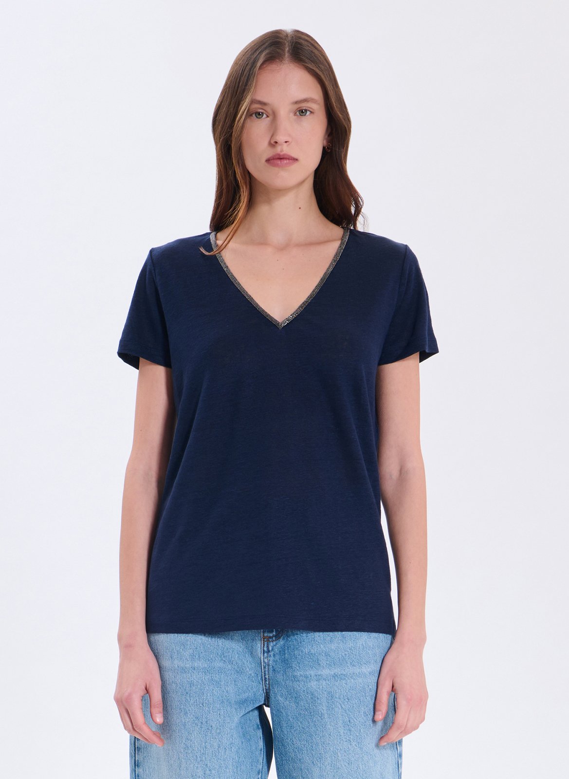 Fine linen V-neck sweater ZAPA Blue