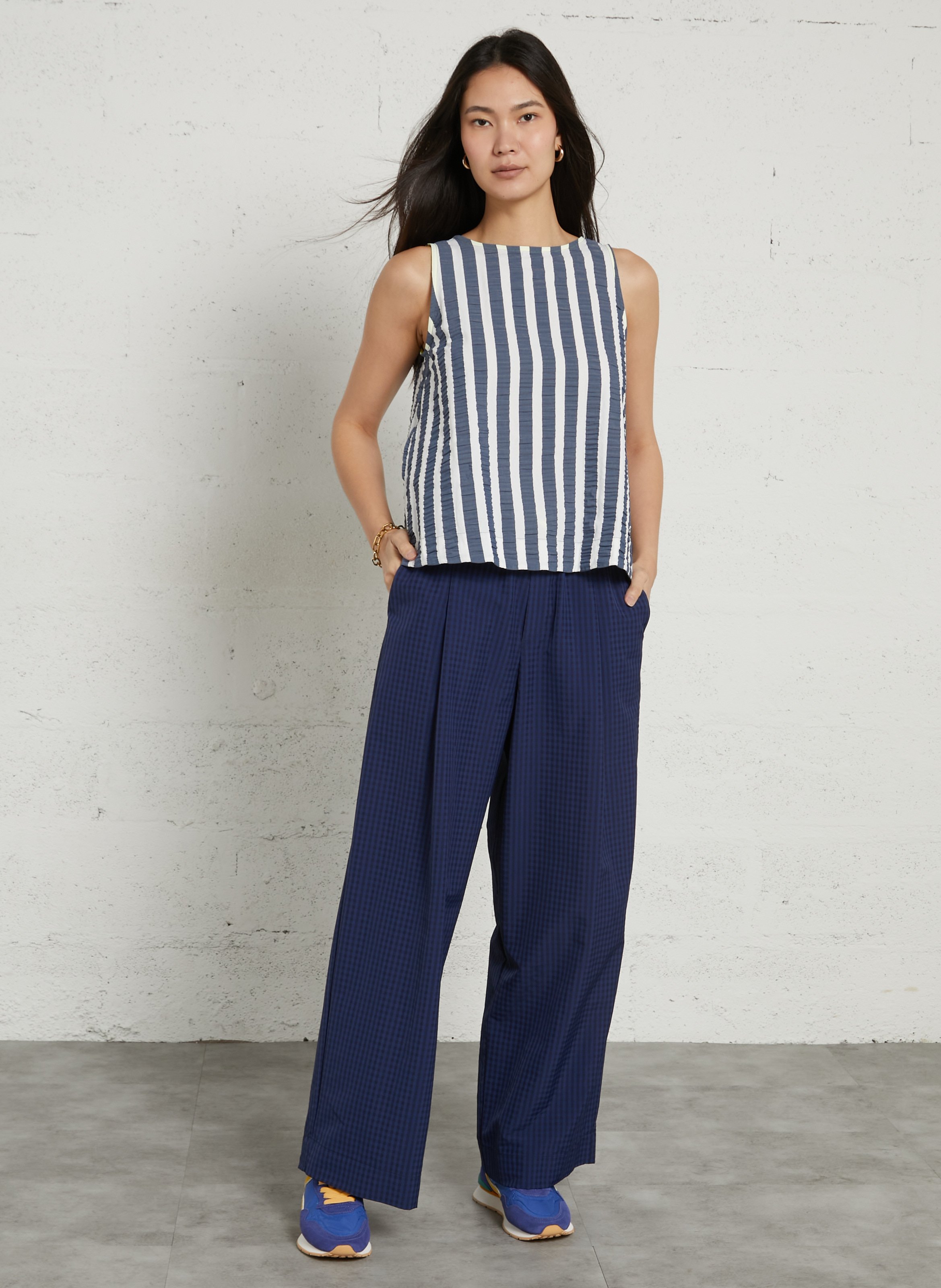 Round neck top in Vichy checks DR BLOOM Blue