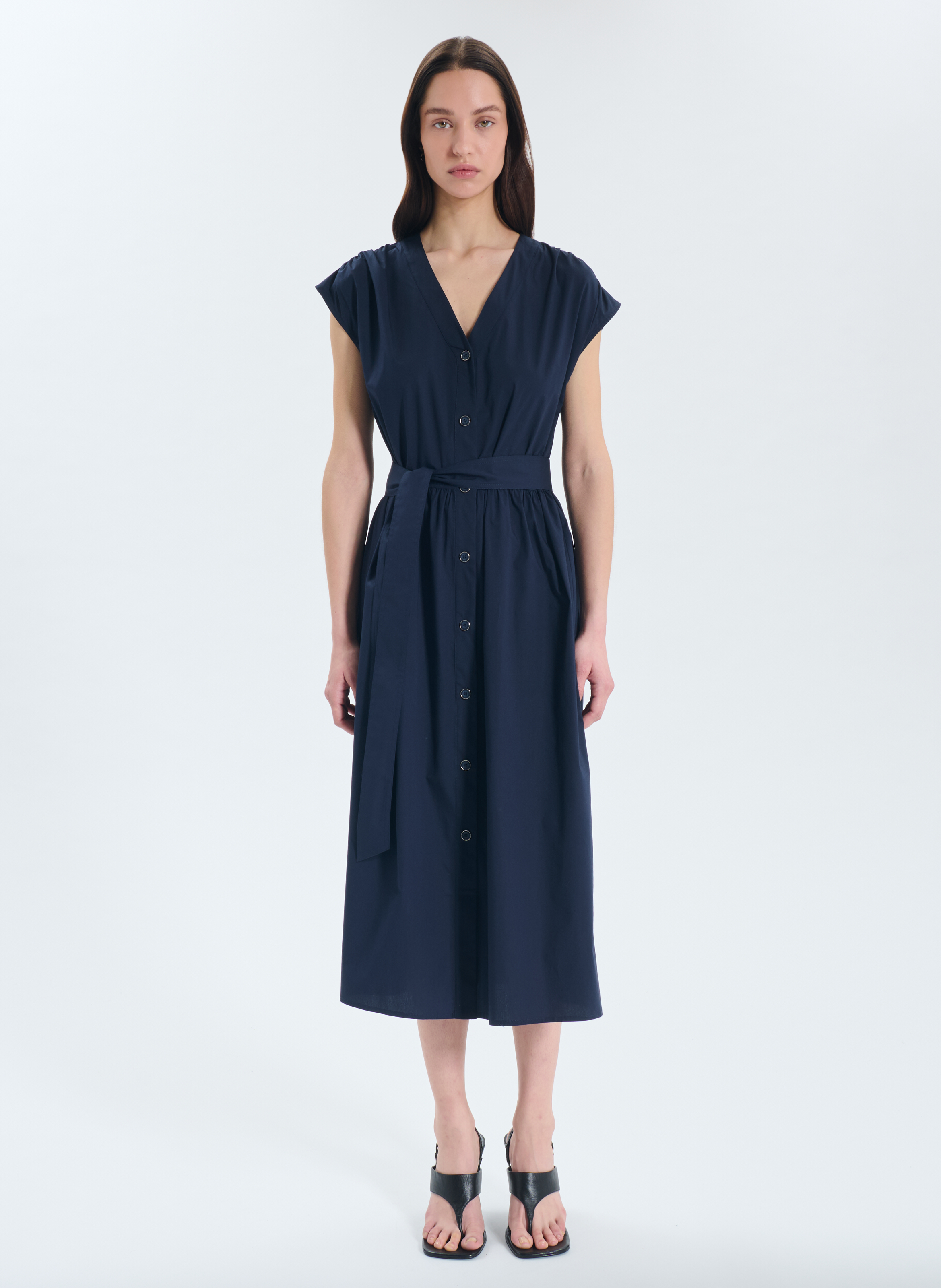 Long cotton-blend V-neck dress ZAPA Blue