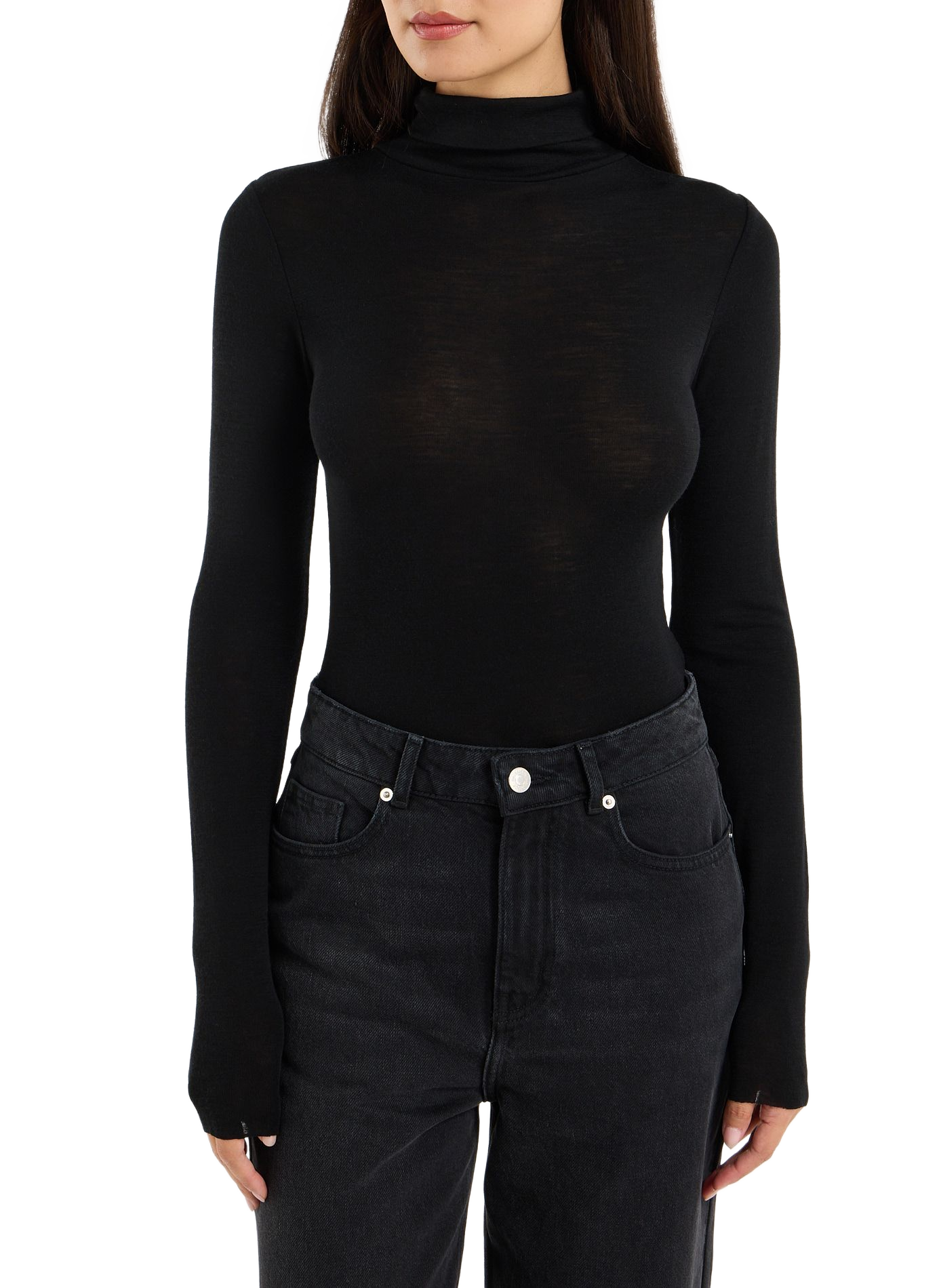Plain wool turtleneck sweater with bouclé knit SAISON 1865 Black