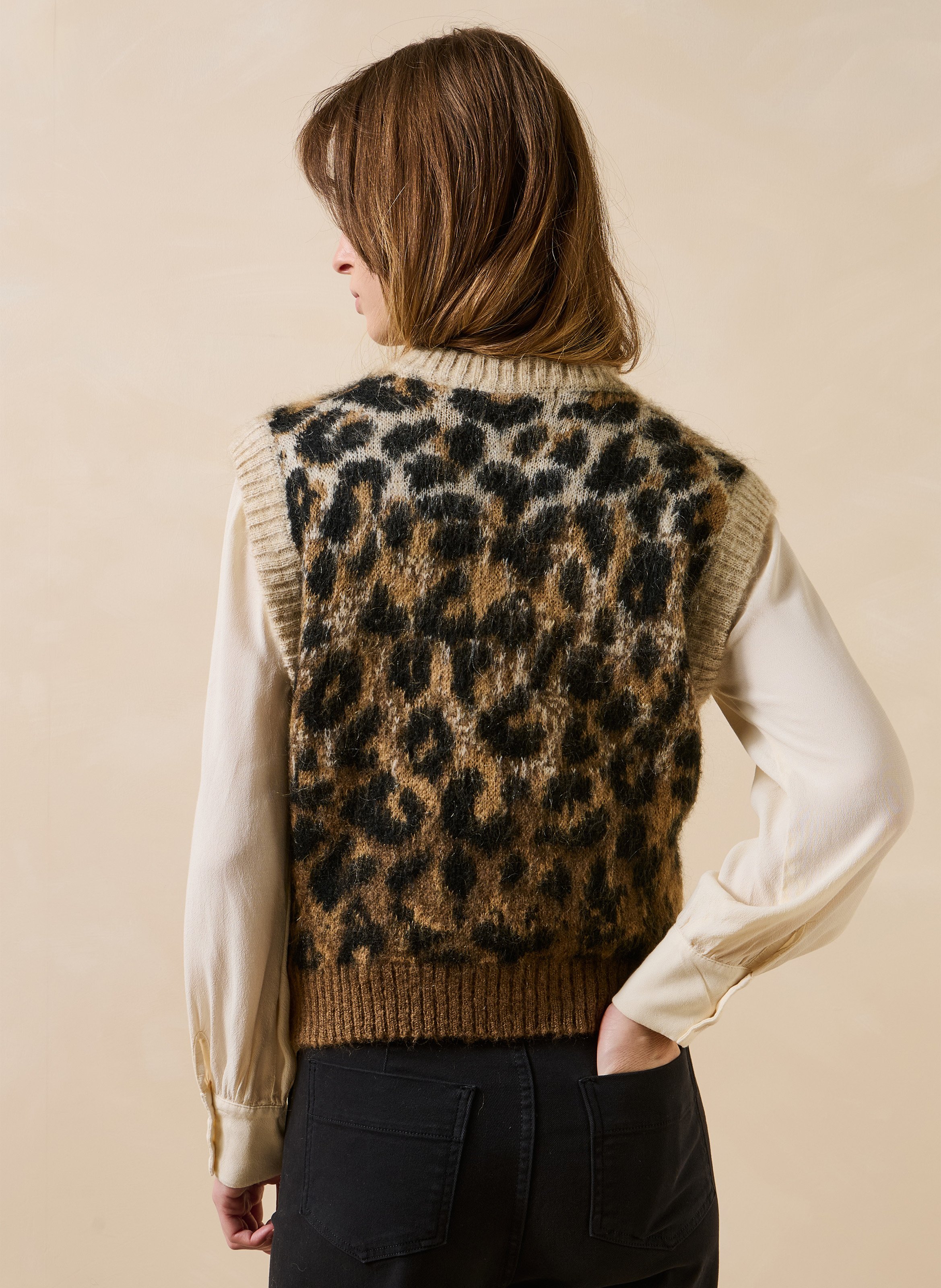 Pull col rond sans manches à motif LA FEE MARABOUTEE Marron