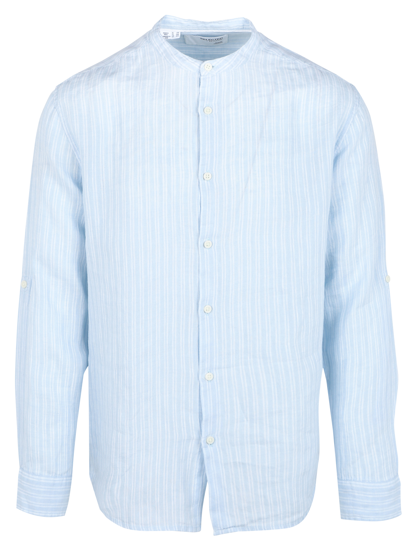Gestreiftes Leinenhemd mit Mao-Kragen, Regular Fit SELECTED Blau