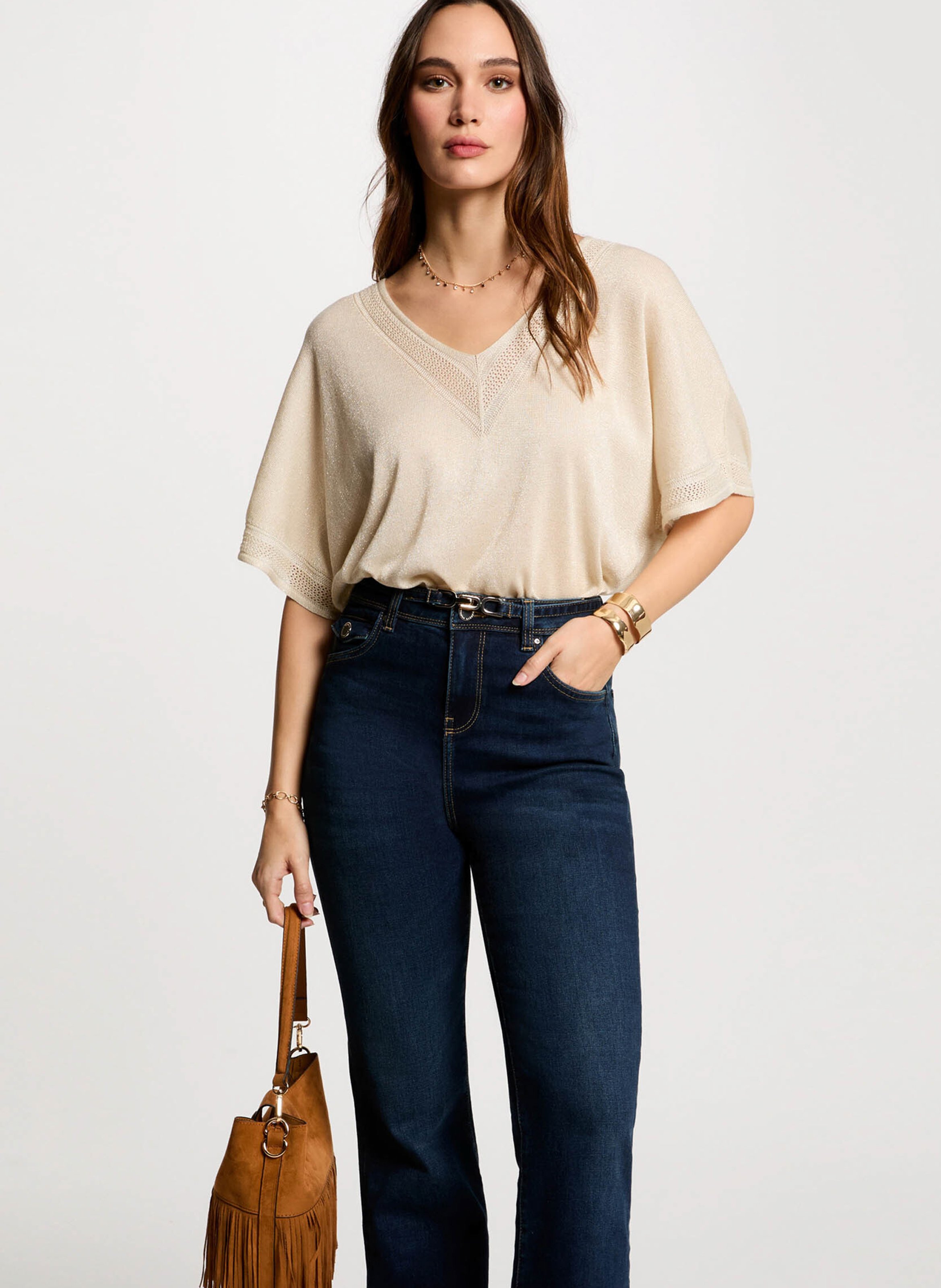 Straight V-neck sweater with metallic detail MORGAN