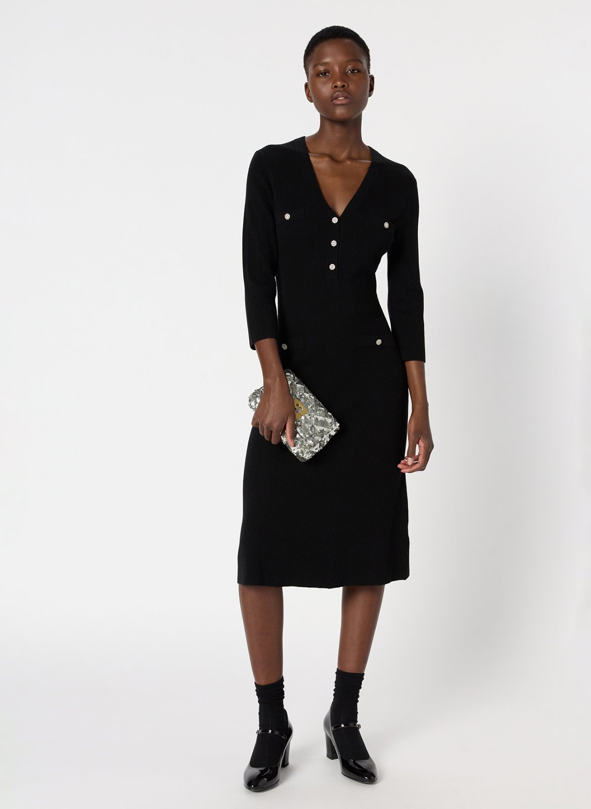 Robe midi col v en laine mélangée GERARD DAREL Noir