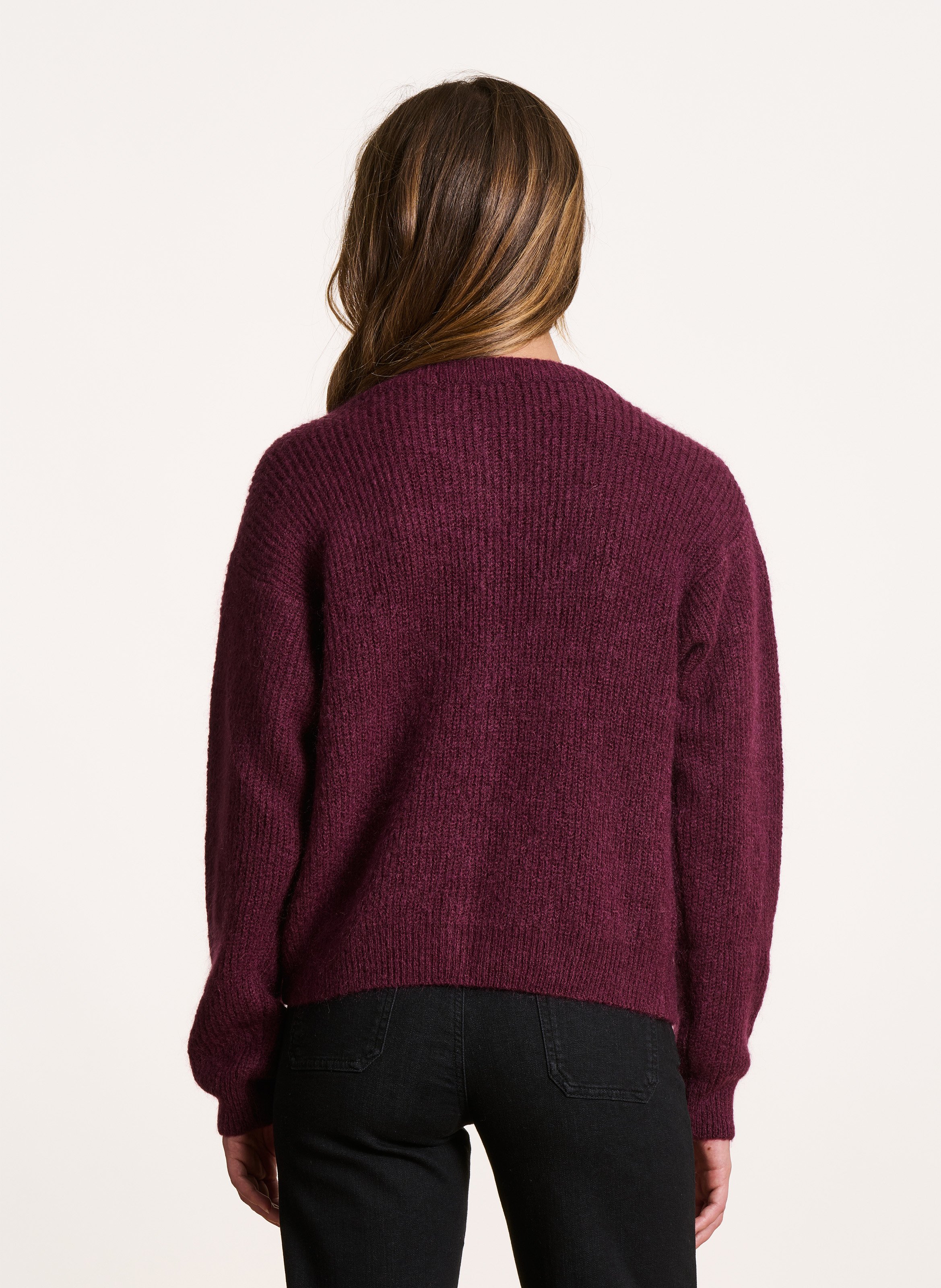 Loose-fit mixed-knit cardigan with round neck LA FEE MARABOUTEE Purple