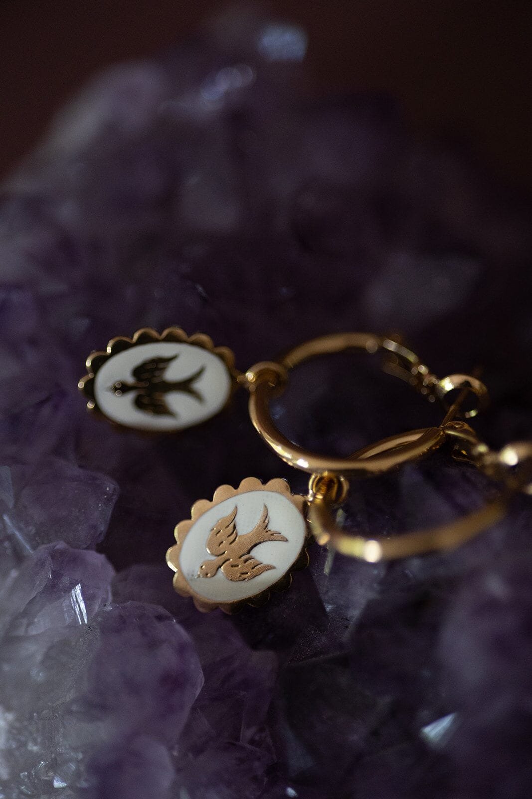 Mini gold-plated enameled dove hoop earrings MONSIEUR SIMONE White