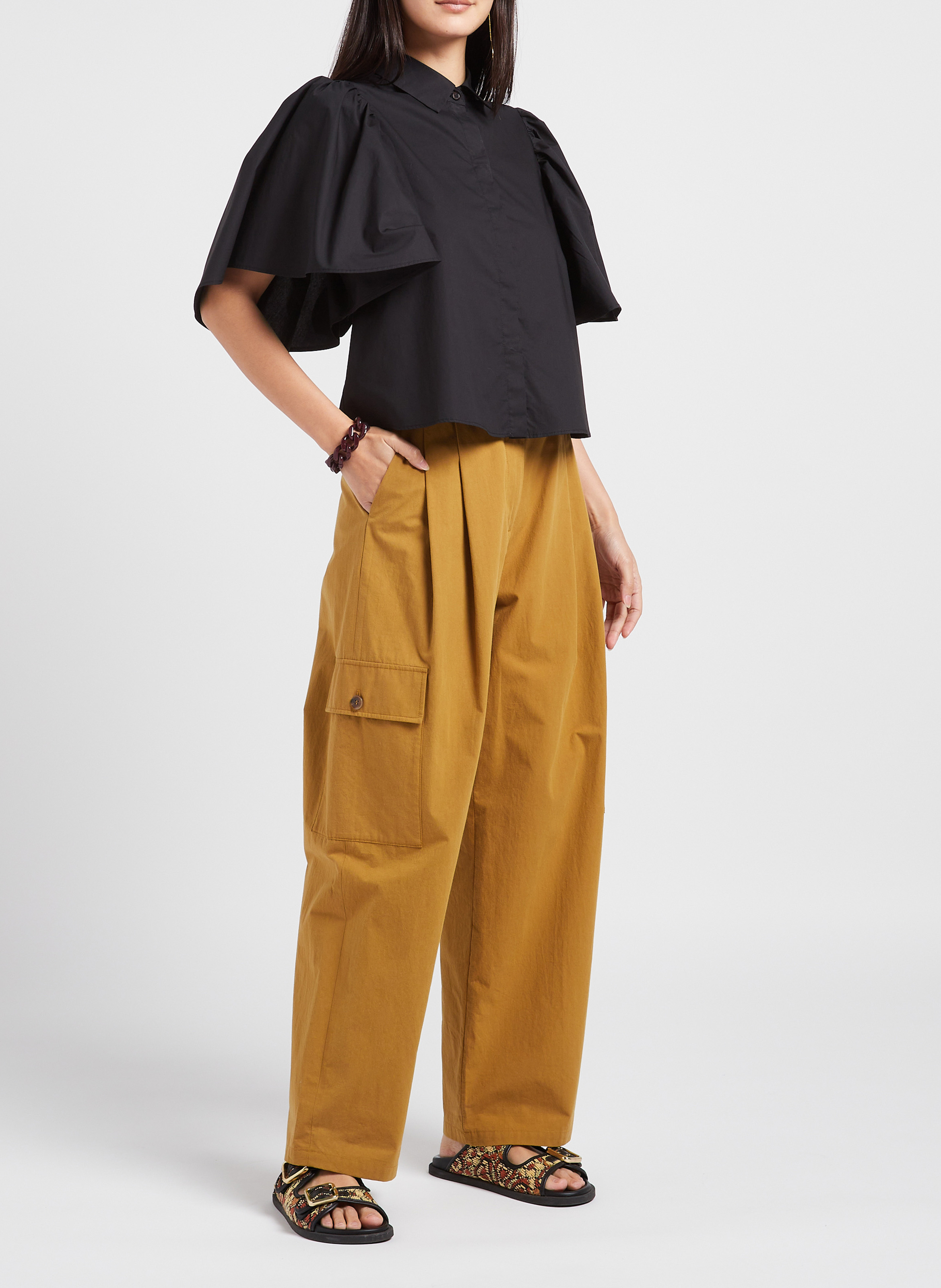 Pantalon cargo large taille haute en coton ATTIC AND BARN Kaki